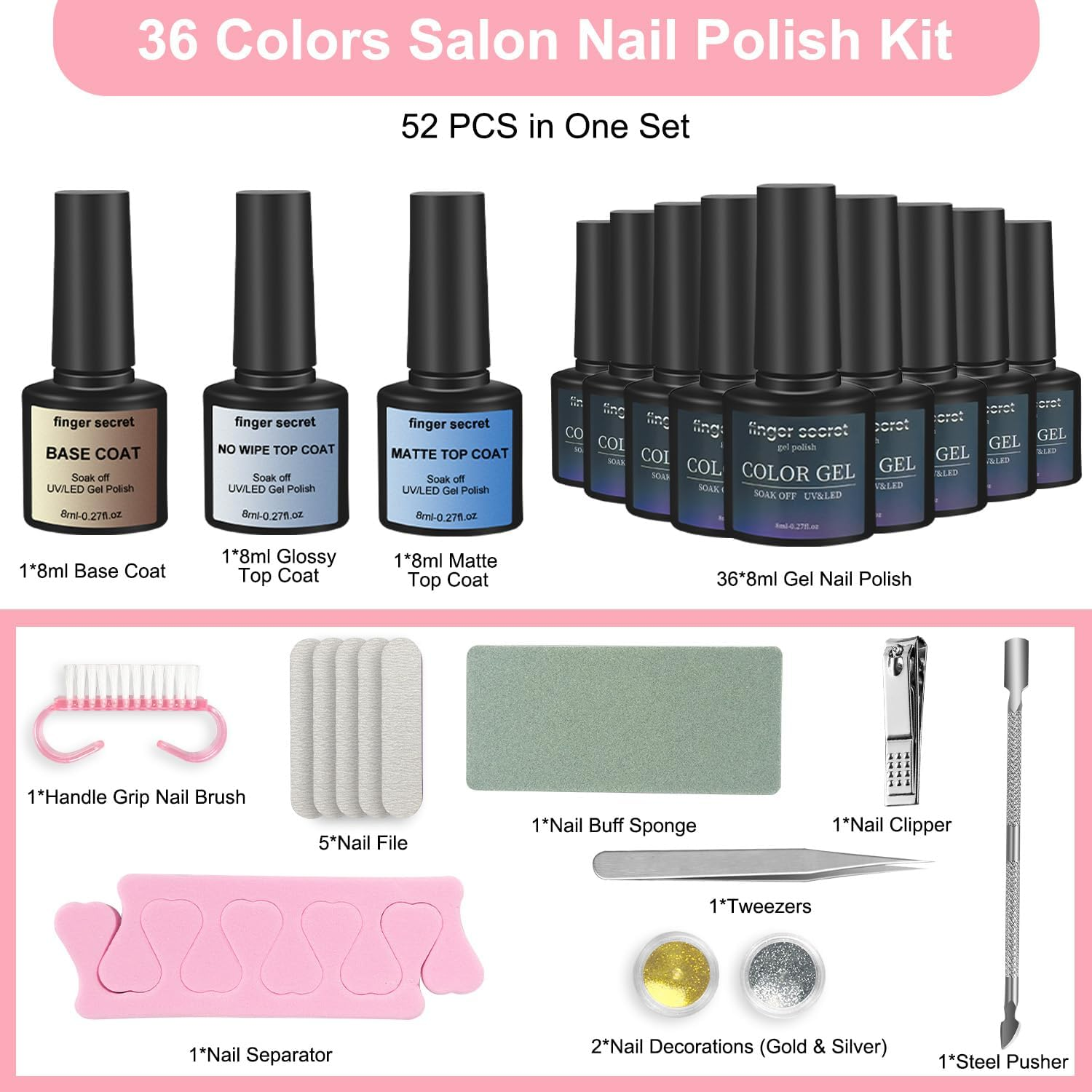 Necomi [52 PCS] Gel Nail Polish Set, 36 Colour Gel Nail Polish Kit with Base Coat Top Coat Glossy / Matte, All Seasons Nail Art Accessories, Surface Easy to Apply, Suitable for Ladies Gift Home DIY Gifts for Girl Mother image number 3
