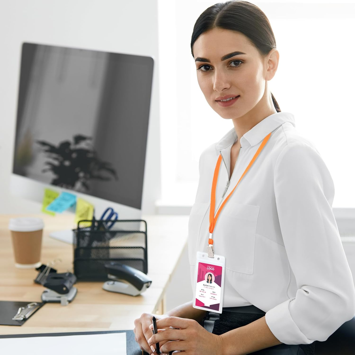 Marspark 100 Pcs Name Tag Lanyards with ID Holder Lanyards for ID Badges Resealable Flat Neck Name Tag with Clip Waterproof Plastic Clear Badges Bulk for School Office Supplies (Orange) image number 6