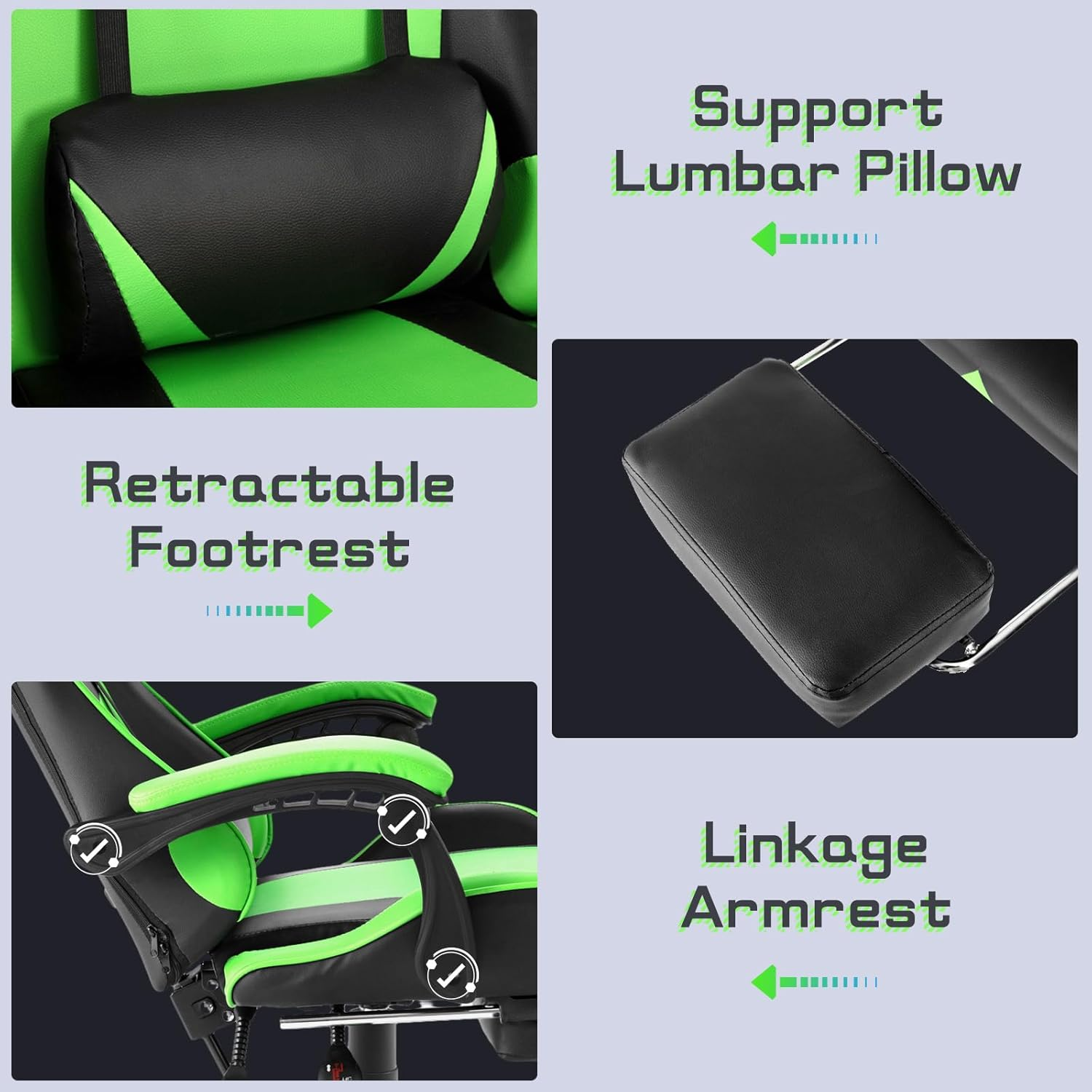PU Leather Ergonomic Gaming Chair with Footrest Computer Racing Chair Reclining Executive Office Chair Desk Chair for Adults Teens in Green & Black image number 2