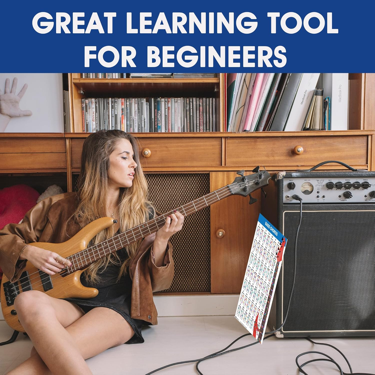 QMG Bass Guitar Chord Poster (11"X17"), Bass Guitars Accessories, Laminated Bass Chord Chart, 49 Color Coded Chords, Beginner Bass Chords Chart for Learn to Play Music Theory