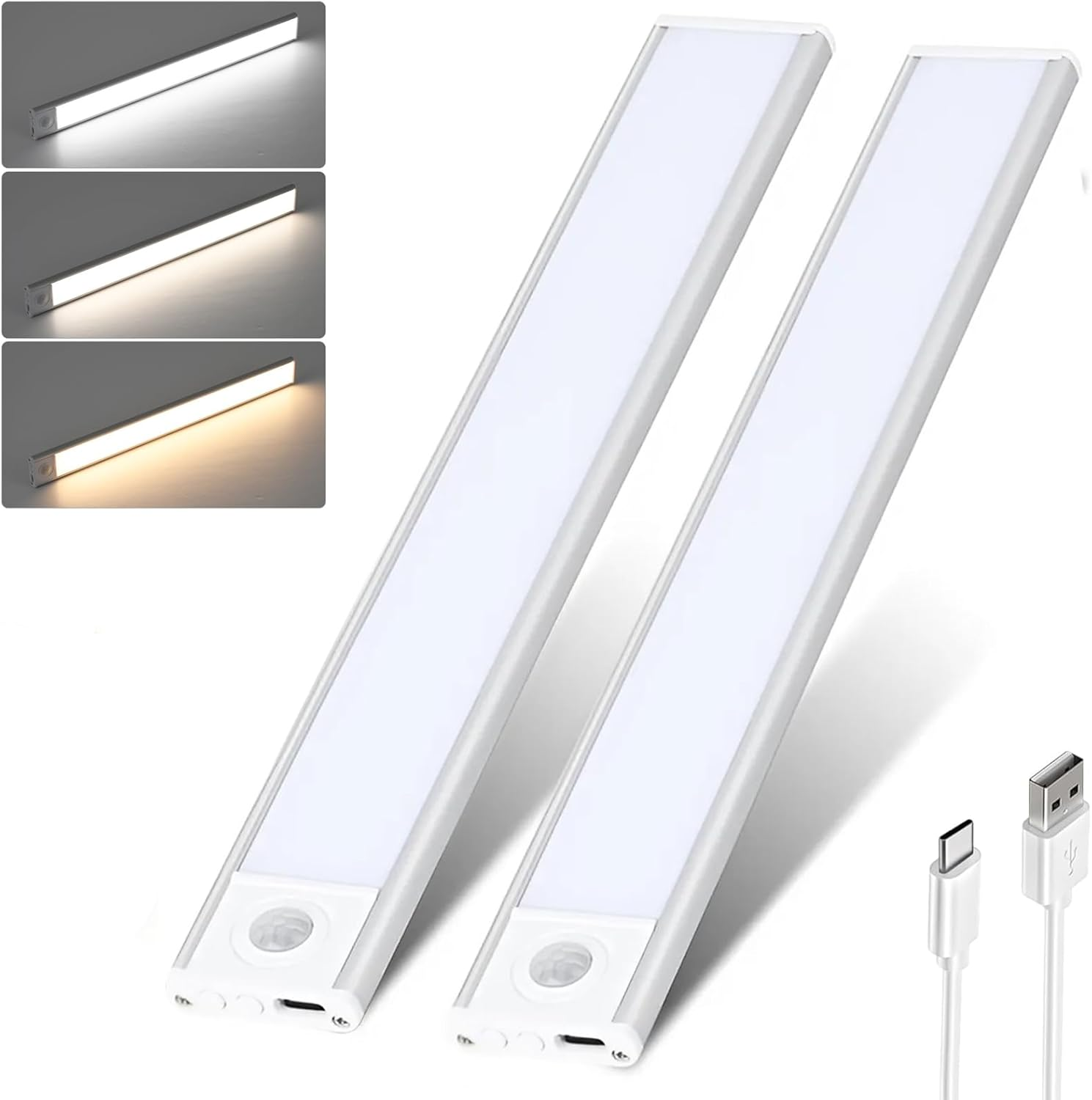 Under Cabinet Light 2 Pack, LED Wireless Rechargeable Motion Sensor Cupboard Light Bar, 3 Colours Dimmable Strip Night Light for Kitchen Wardrobe Cupboard, Silver, 40CM image number 2