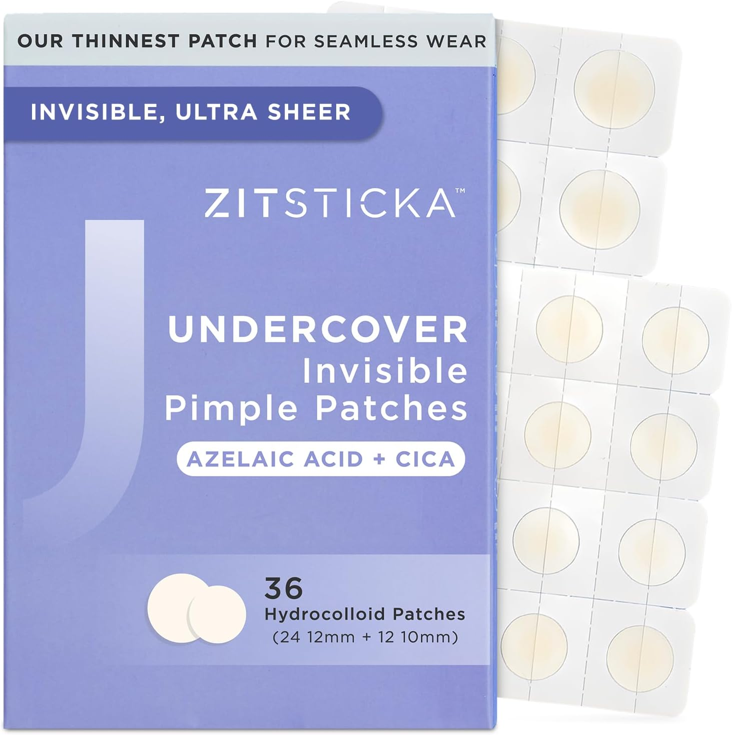 Zitsticka Invisible Pimple Patches for Face, Hydrocolloid Patches, Ultra-Thin Clear Azelaic Acid & CICA Blemish Patches, Pimple Stickers (UNDERCOVER 36 Count)