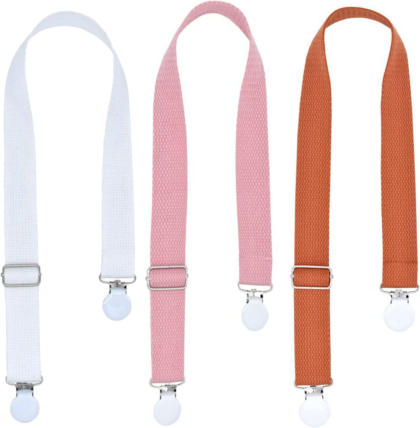 3 PCS Multipurpose Clips Baby Nursing Cover Clips Saliva Towel Double-End Clamp Toy Anti-Drop Clip Adjustable Braid Strap Dental Bib Holder Clip Napkin Holder for Adult Kids (Orange/White/Pink)