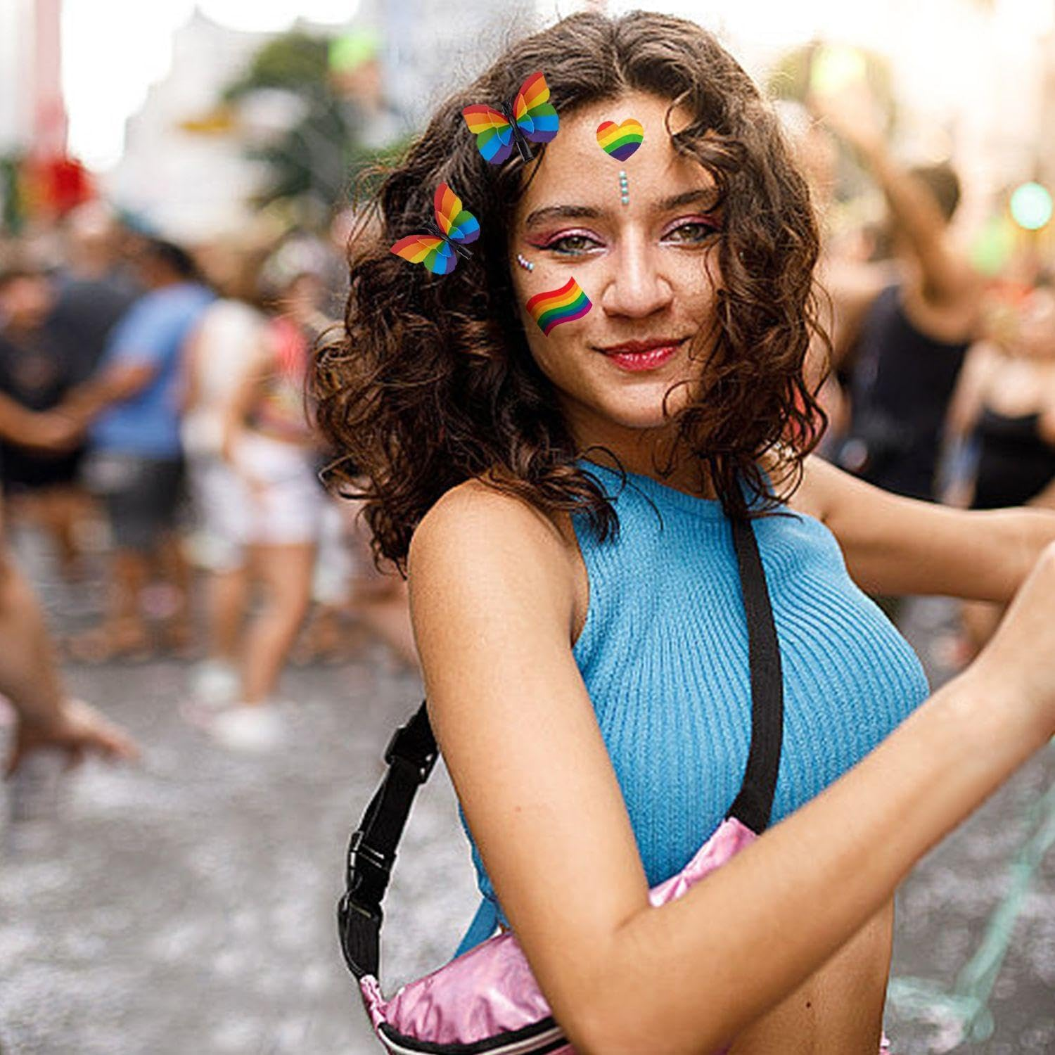 Pack of 8 Rainbow Butterfly Clips and 18 Rainbow Face Spots, Creative Cartoon Hairpin, Fun and Cute Face Stains, Dances and Celebrations. image number 1