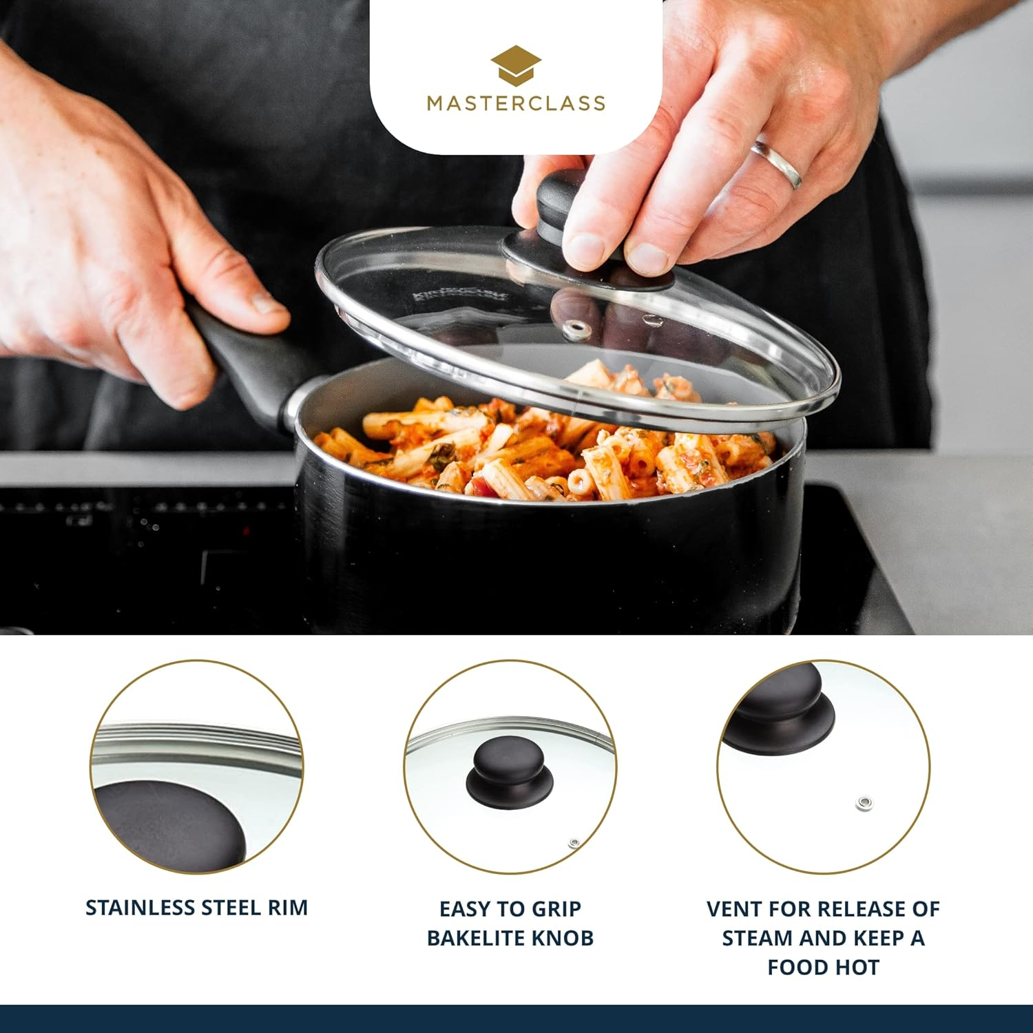 Kitchencraft Masterclass Glass Lid 20 Cm, Universal Designed for All 20 Cm (8 Inch) Cooking Pots and Frying Pans