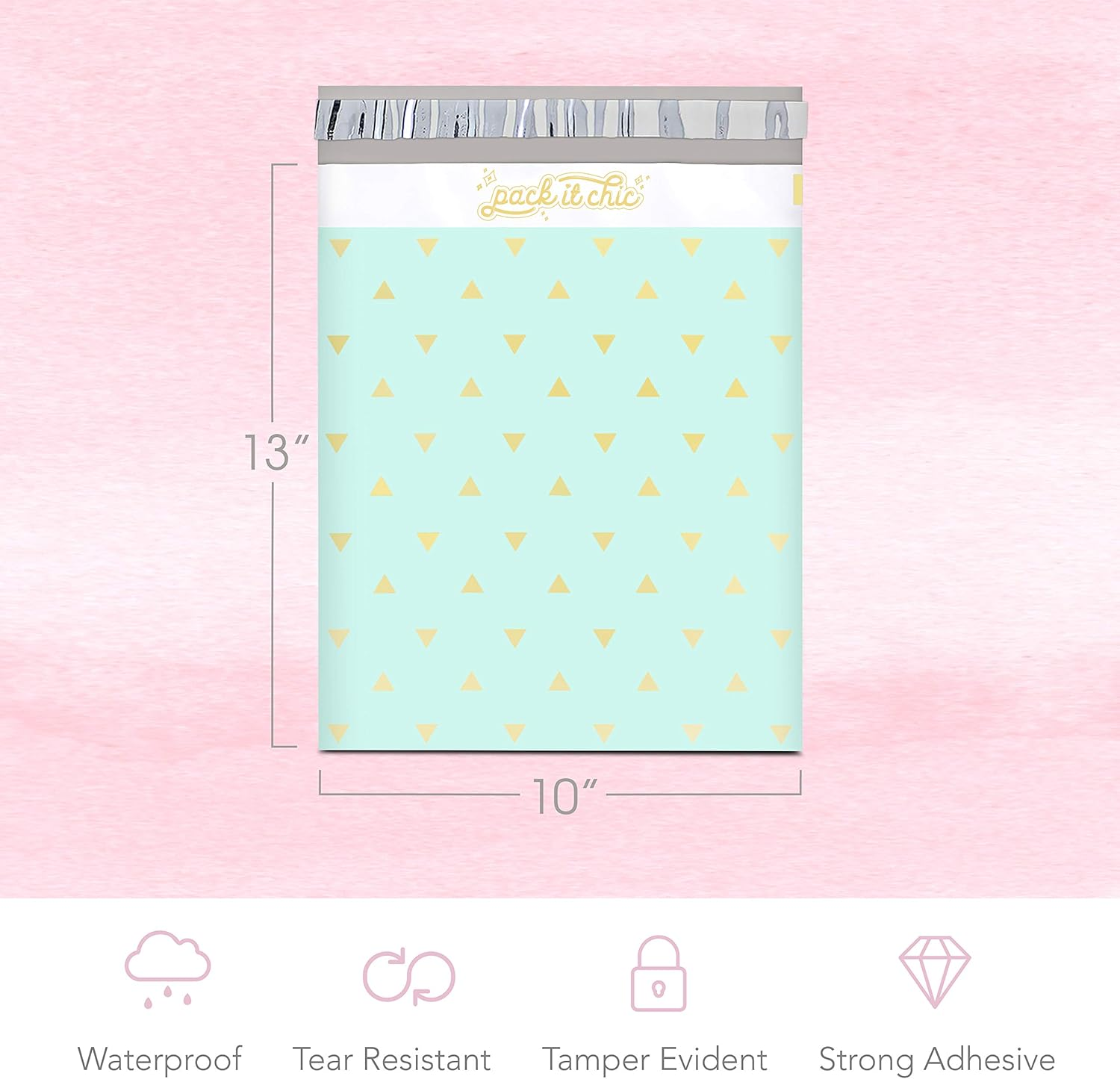 Pack It Chic - 10X13 (100 Pack) Mint Gold Triangles Poly Mailer Envelope Plastic Custom Mailing & Shipping Bags - Self Seal - Gingham Plaid image number 2