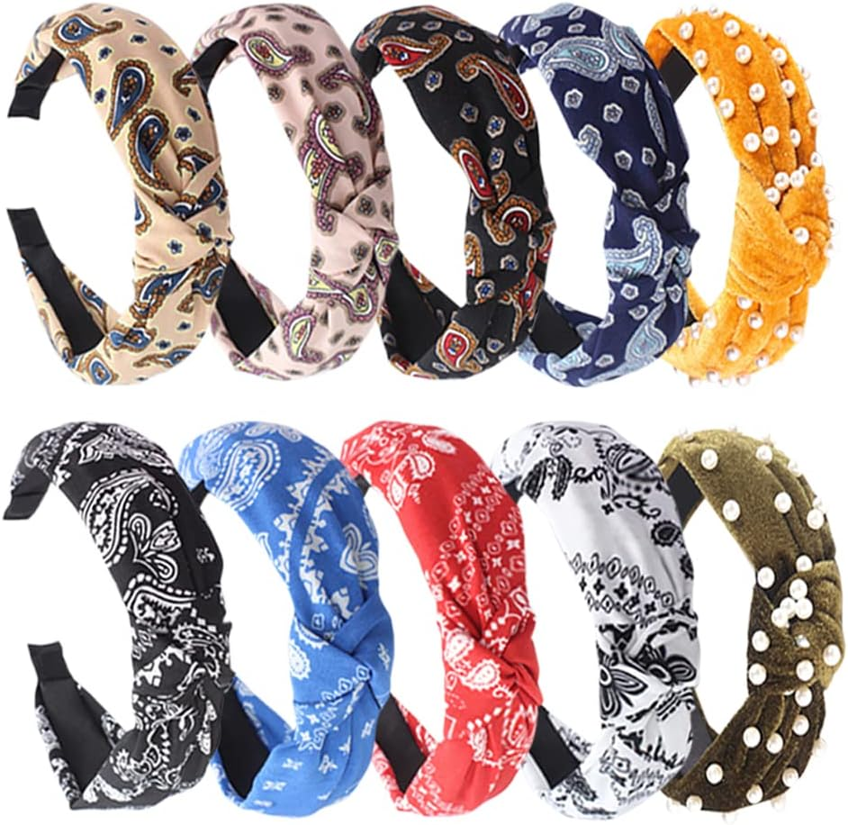 Wide Alice Bands Bow Knot Fabric Hair Bands Knotted Hair Bands Elastic Fabric Hair Scarf 1920S Accessories for Women (Cashew12De)