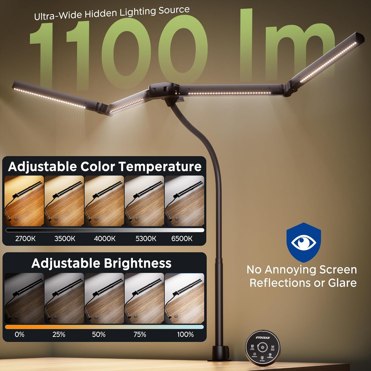 EYOCEAN Desk Lamp, Desk Lamp with 4 Light Sources, 24 W 100 Cm Daylight Lamp Desk with Remote Control, Dimmable Monitor Lamp, Gooseneck Office Table Lamp, Eye Protection PC Lamp image number 5