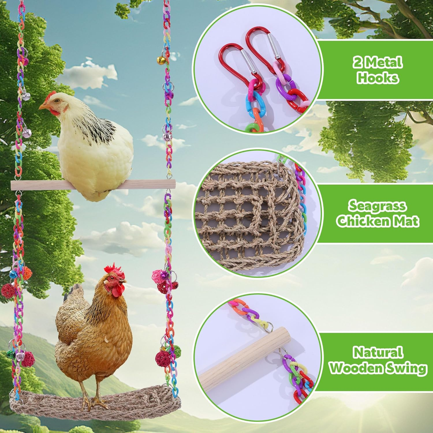 MABOZOO Chicken Swing Toy, Chicken Perch Seagrass Woven Hammock Swing Mat Climbing Hammock with Wood Perch Stand, Bird Swing Toy for Hens Chicken Bird Budgie