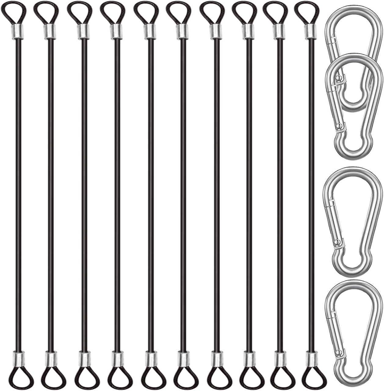 CKANDAY 10 Pack 20 Inch(50Cm) Stainless Steel Tethers with 4 Pcs Spring Snap Hook Clips, Steel Wire Cable with Loops Vinyl Cover Coated Short Rope Lanyard Lock Tether Chains, Black