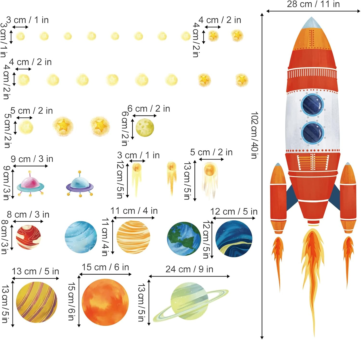 Wondever Rocket Wall Stickers Outer Space Planets Peel and Stick Wall Art Decals for Baby Nursery Kids Bedroom Playroom (H:40 Inches) image number 1