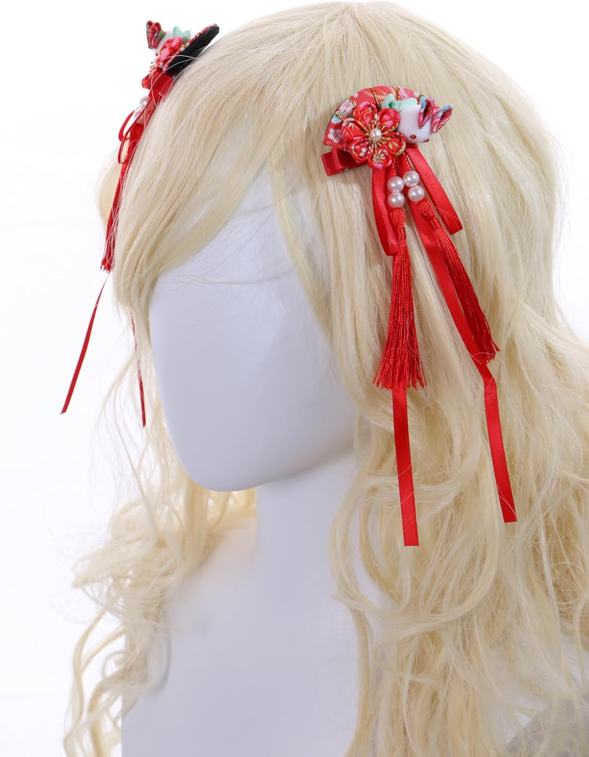 C-117-3 Red Fan Shape Rabbit Handmade Sakura Cherry Blossom Fabric Flowers Tassels Hair Clip Hair Clip Hair Clip Japan Geisha Kimono China Hanfu Accessory image number 5