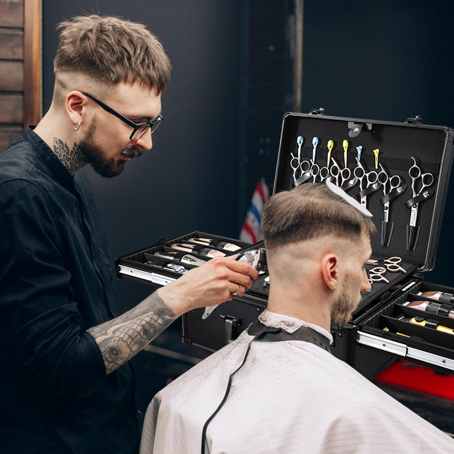 Yueieoun Barber Case with Clippers Sliding Tray, Profesional Barbers Briefcase Tool Case, Barber Cases for Clippers and Supplies, Hair Scissors Trimmer Organizer, Salon Grooming Hard Travel Suitcase