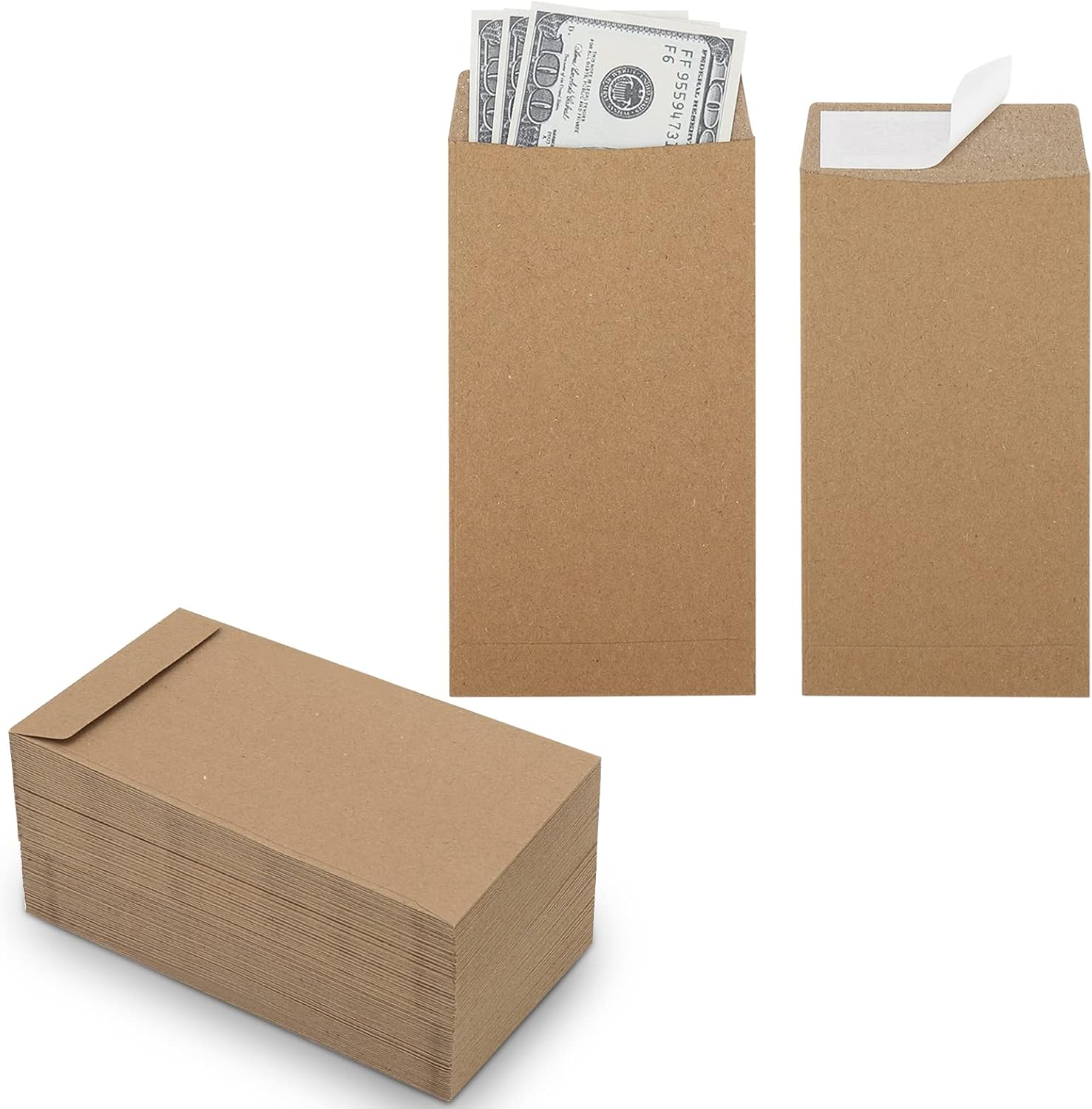 100 Pack Cash Envelopes Self Adhesive 6.7X3.5 Inch, Fit for Envelope Money Saving Challenge, Kraft Paper 120 GSM Thick Money Envelopes for Cash, Budgeting, Cash Tips, Check, Coin & Tickets