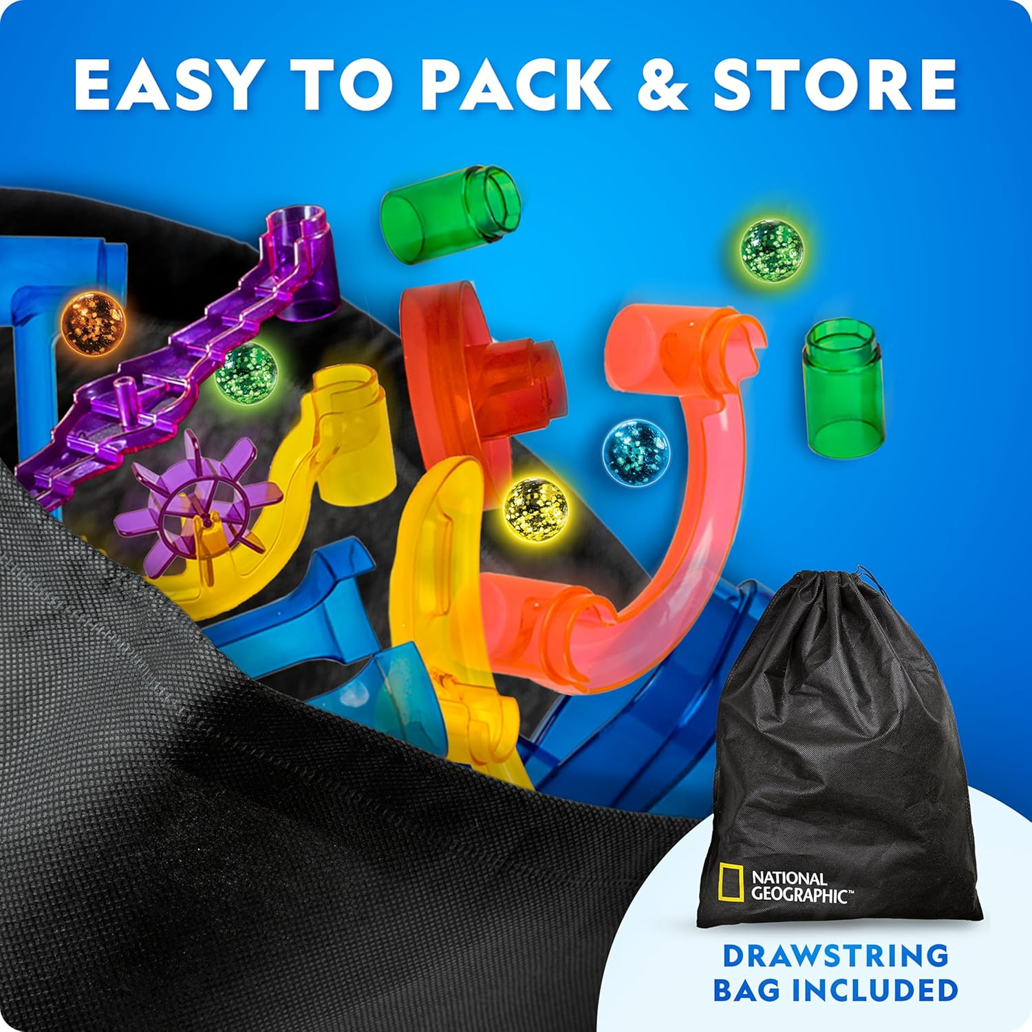 National Geographic Glowing Marble Run &ndash; 80-Piece Construction Set with 15 Glow-In-The Dark Glass Marbles, Creative STEM Toys, Building Project Toy image number 2