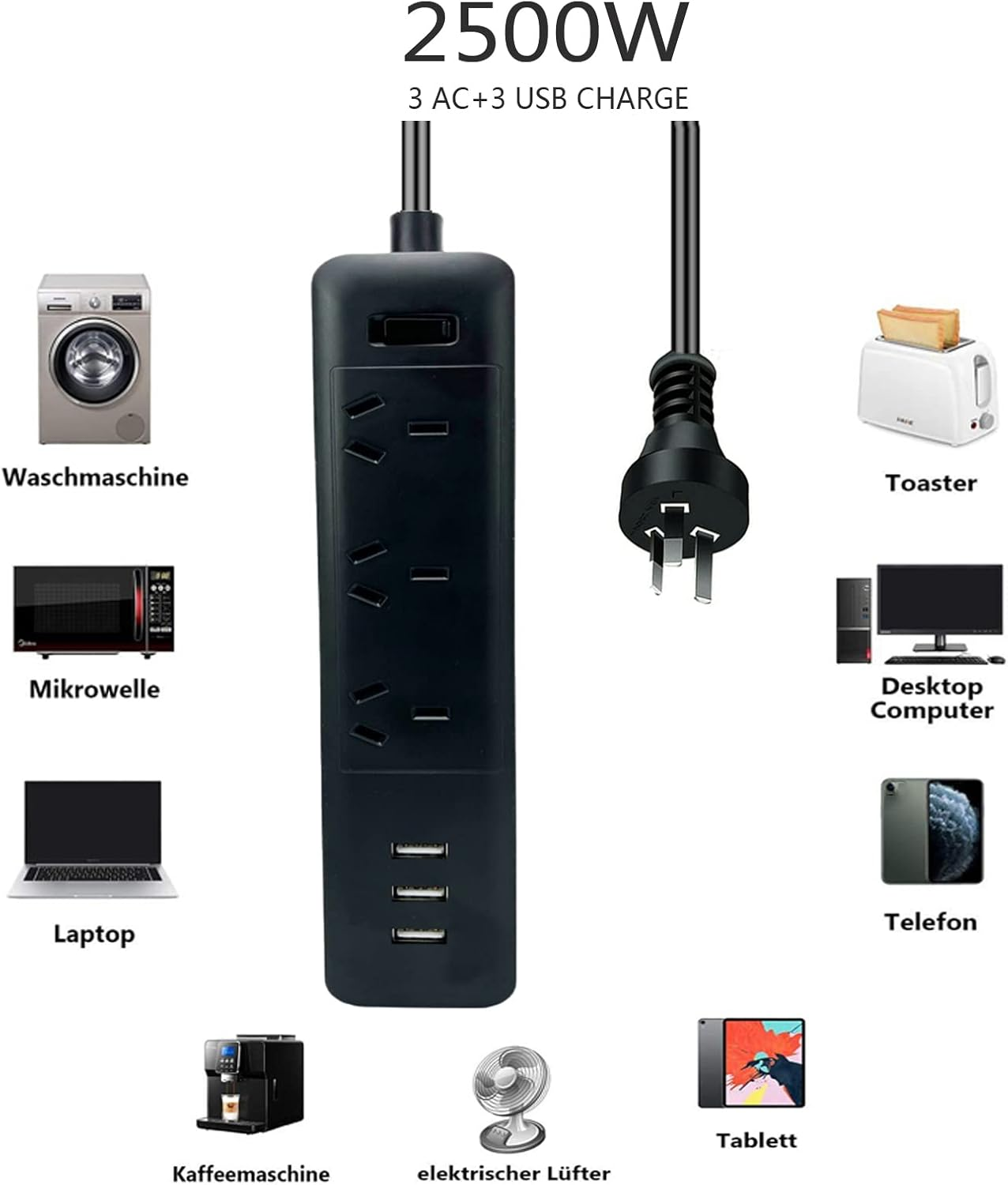 Power Strip Socket 3M Extension Cord Power Board with 3USB Port Charge for Sweeping Robot, Phone, Surge Protector Powerboard 3 AC Outlets, Max 2500W/10A, AU Plug Socket with Switch for Home (Black) image number 6