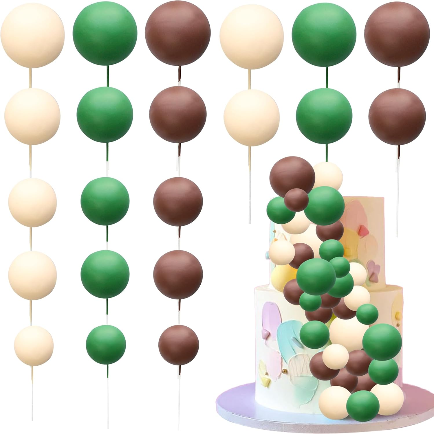 Ephlyn 30Pcs Balls Cake Topper Foam Ball Cake Picks Mini Balloon Cupcake Insert Bubble Balls DIY Decoration for Baby Shower Kids Birthday Party Decorations Pearl White Pink Rose Red