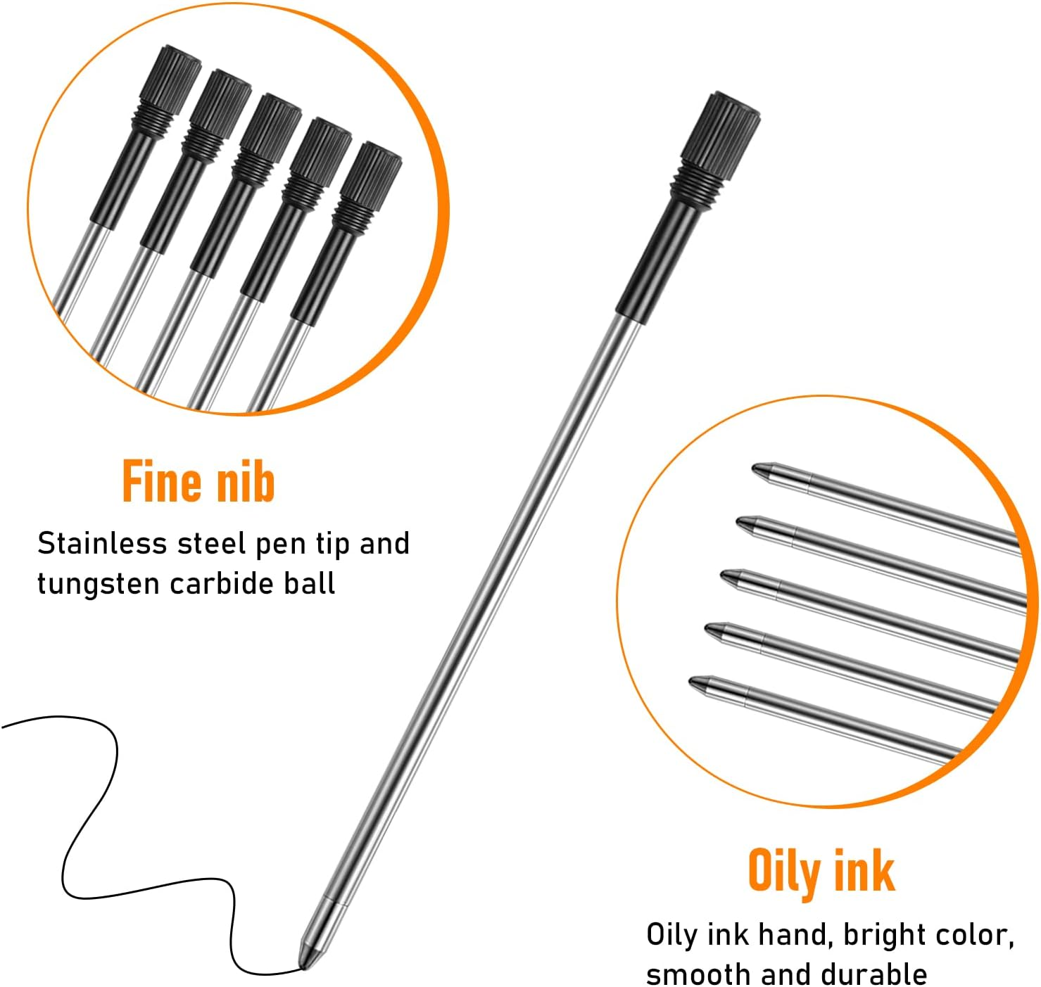 Pack of 20 Ballpoint Pen Refills Black Metal 8 Cm Long Interchangeable 1 Mm Tip Smooth Writing Refills Black Ink for Office School Home image number 1