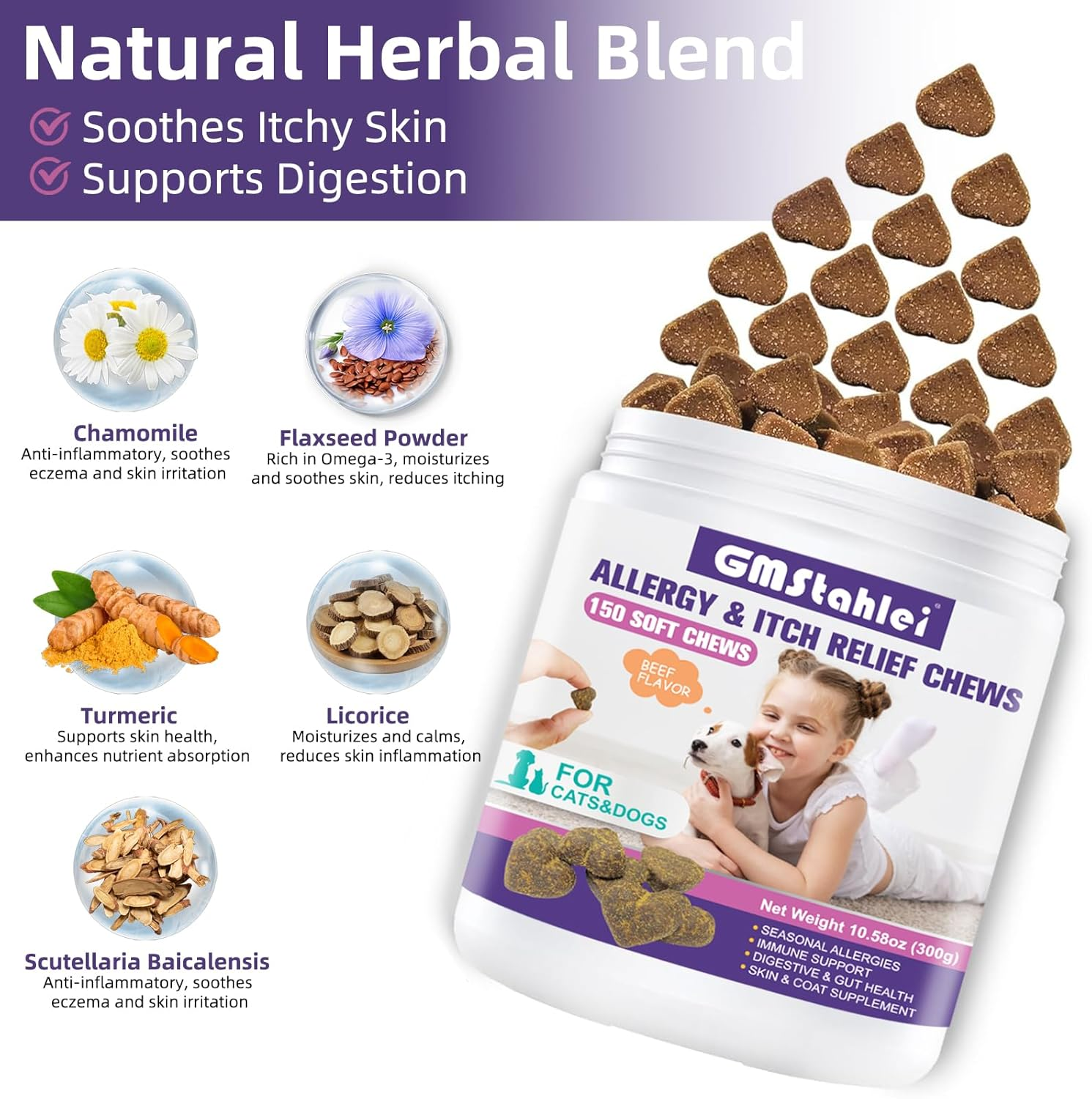 Dog Allergy Relief Chews,150 PCS Itchy Skin Relief Immune Treats with Omega 3 Fish Oil,Turmeric Probiotics for Dogs Itching,Skin and Coat Health for Dogs Itching, Licking & Separation image number 6