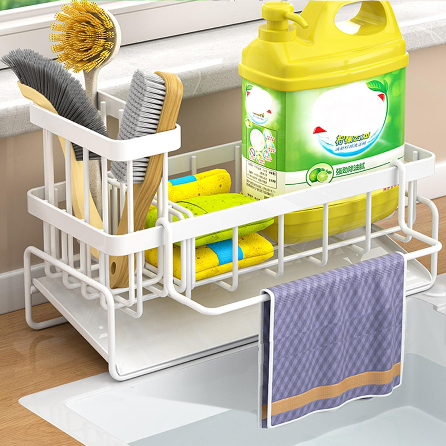 Sink Caddy Organizer with Self Draining Tray, Sponge Holder, Brush Holder, Dish Soap Dispenser Storage, Kitchen Counter Organizer (White) image number 4