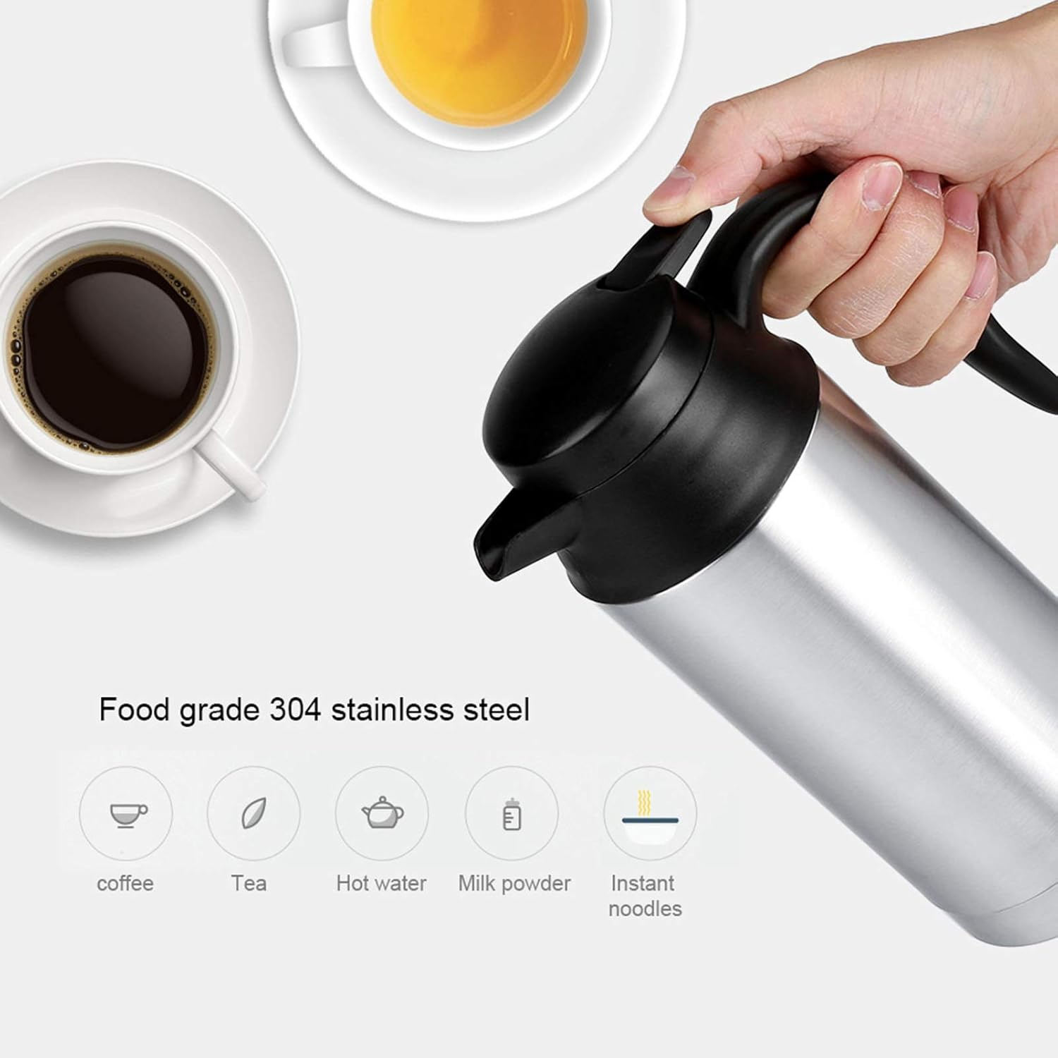 Car Kettle, 12V 750Ml Food Grade Stainless Steel Car Heating Cup, Portable Fast Boiling Travel Kettle with Indicator Light and Charger for Hot Water, Coffee, Tea, Beverage image number 6