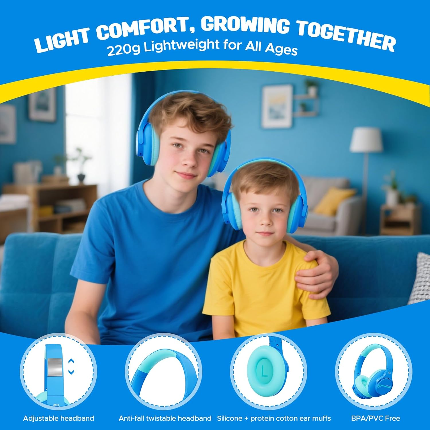 Steellumen Nova1Lite Kids Wireless Active Noise Cancelling Headphones, Bluetooth 5.3, Safe Volume 74/85/94Db, Real 40H Battery, Type-C Fast Charging, Built-In Mic for School Travel Airplane, Blue image number 6