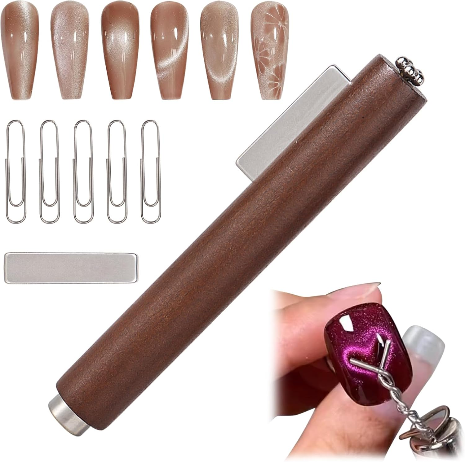 ESUOHYM 3 in 1 Nail Magnet for Cat Eye Gel Polish with Extra 1 PCS Square Magnet, 5 PCS Paper Clips for Heart Flower and Black Hole Nail Art DIY Tools Design Walnut image number 1
