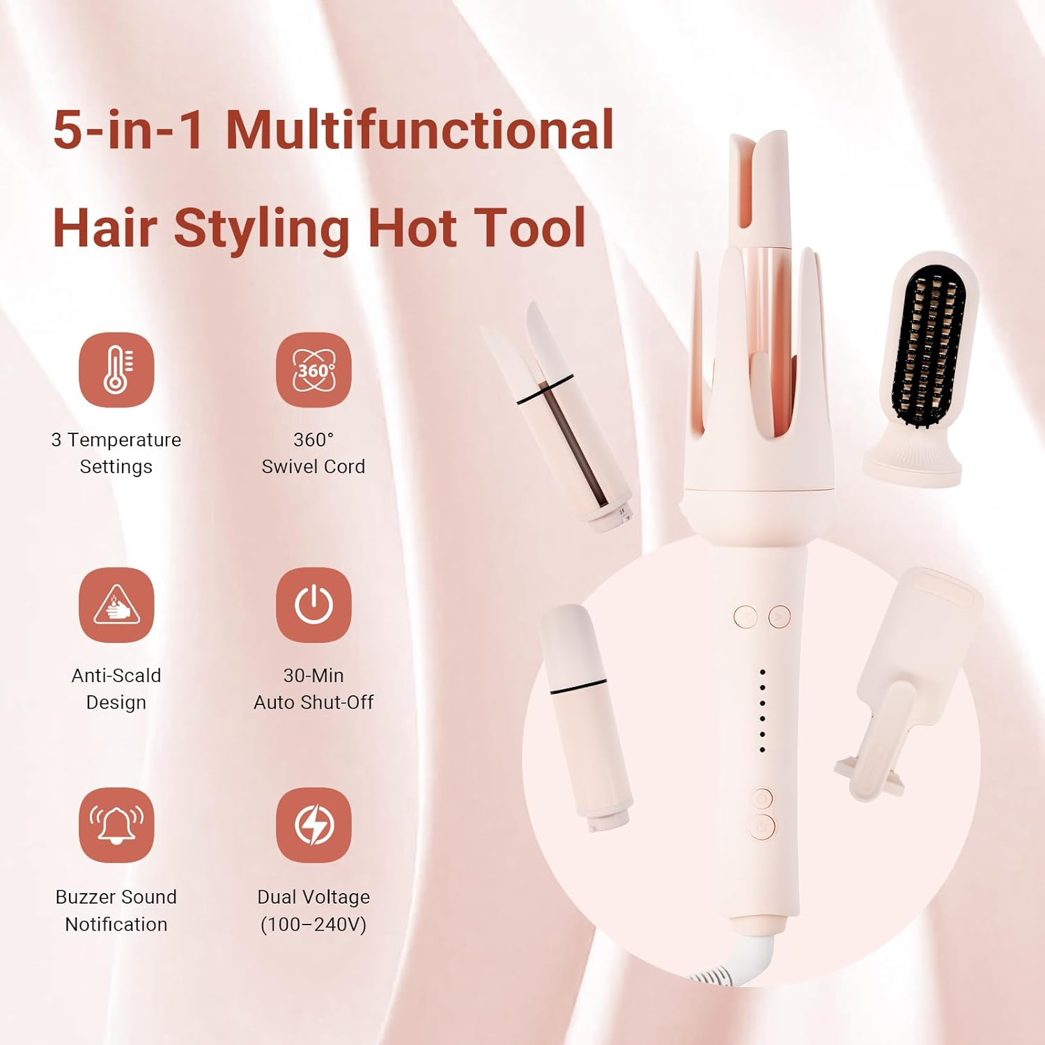 LIWEGHT 5 in 1 Automatic Curling Iron,Curling Wand Set with Hair Straightener Brush 3 Interchangeable Ceramic Wand(28/32/40Mm) and Double Barrel Waver,Instant Heat Up,With 3 Temp & Timer image number 2