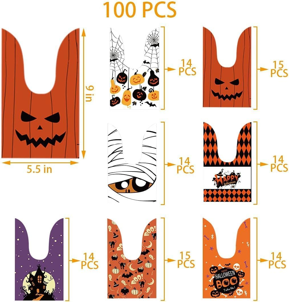 100PCS Halloween Candy Bags, Kids Trick or Treat Bags Goodie Bags, Cute Rabbit Ear Bags Small Halloween Cookies Plastic Gifts Bag for Halloweens Party Supplies image number 1