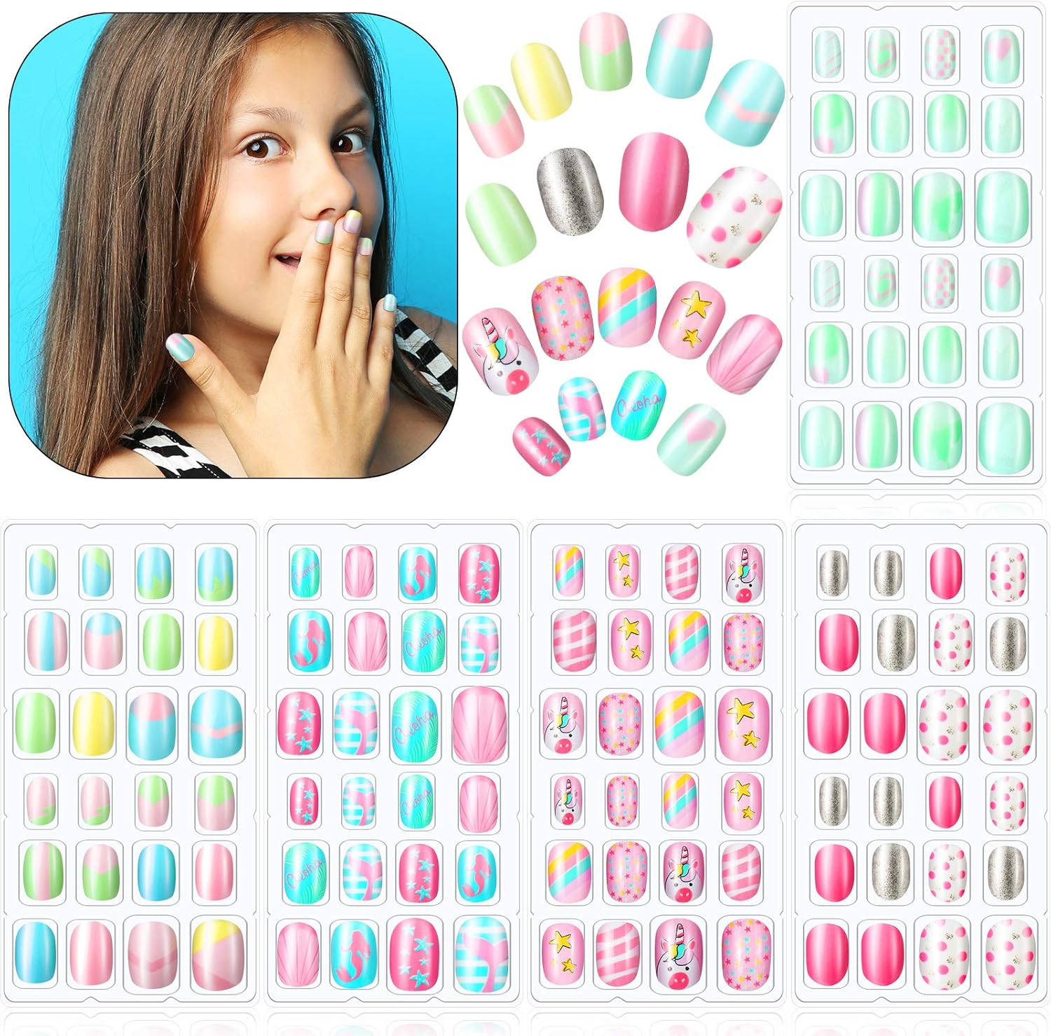 120 Pieces Kids Press on Nails Children Fake Artificial Nails Girls Full Cover Short False Fingernails for Girls Kids Design Decoration(Lovely Pattern) image number 3