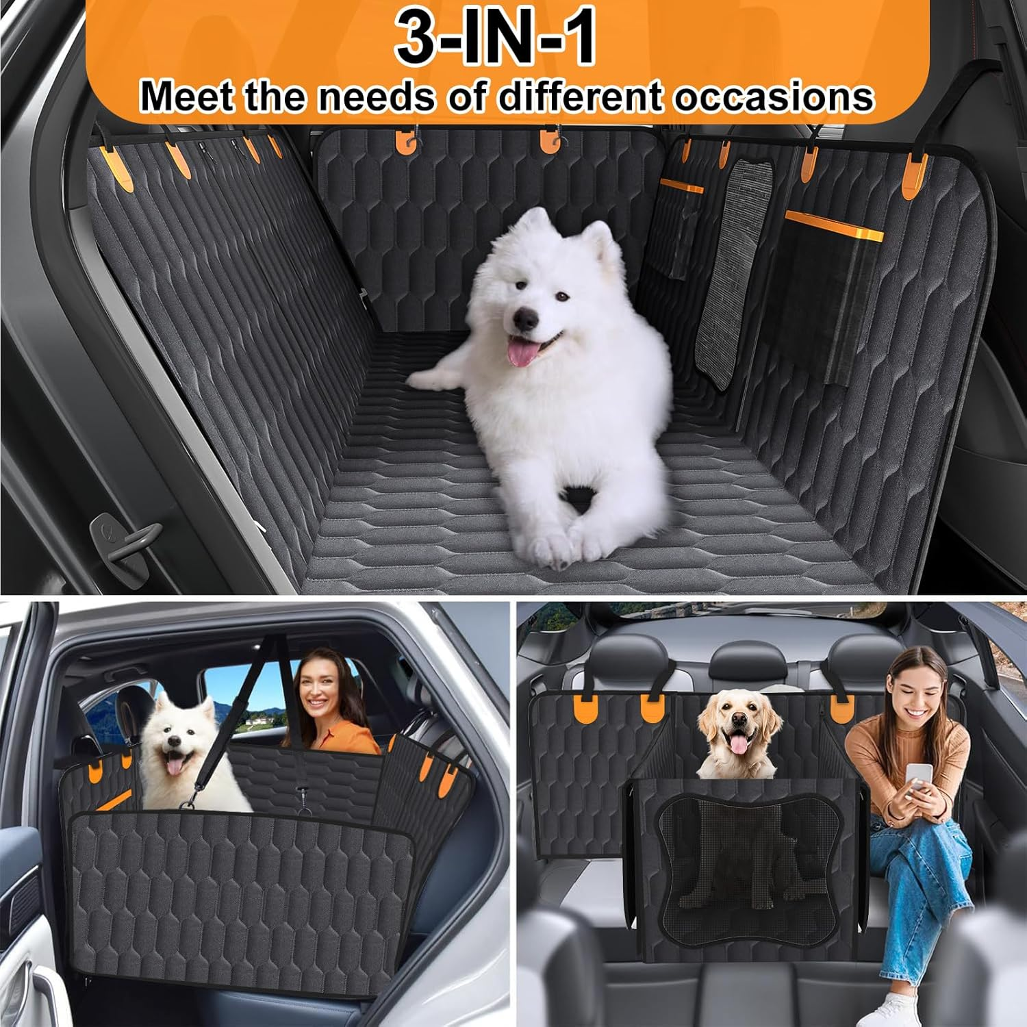 Hard Bottom Dog Car Seat Cover, Foldable Car Seat Extender for Dogs, Dog Car Hammock Waterproof with 220KG Load, 3 in 1 Dog Car Seat Protector for Back Seat with Mesh Window for Cars＆Trucks＆Suvs image number 2