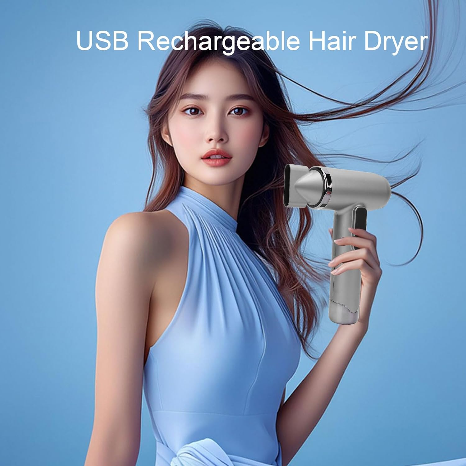 200W USB Rechargeable Hair Dryer - 100,000 RPM Cordless Blow Dryer with 15,000Mah Battery | Portable & Quiet for Travel, Dorm, Home | Fast Drying & Styling (Silver)