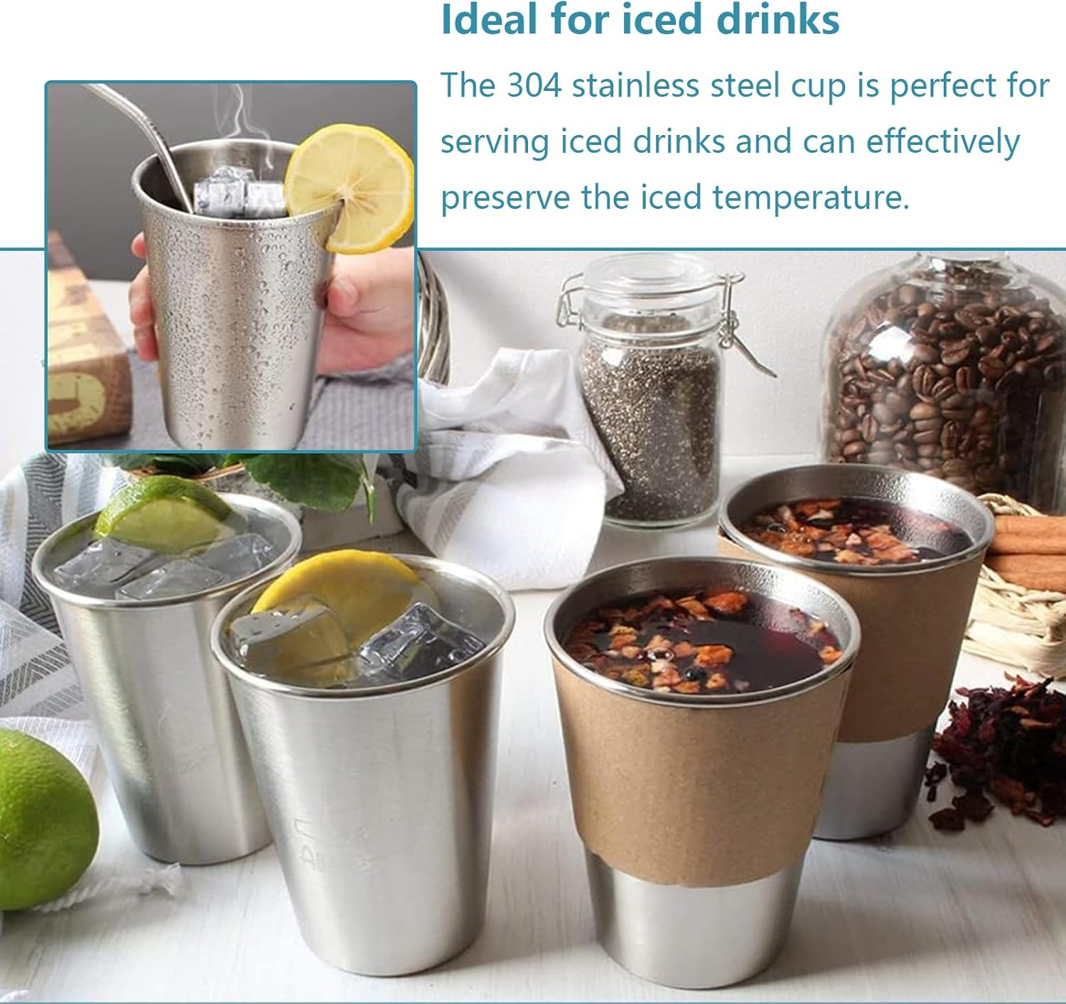 AKOLAFE Pack of 6 Stainless Steel Cups 350 Ml Stainless Steel Cups 12 Oz Drinking Cup Stackable Metal Cup Large Foldable Camping Mug Stainless Steel Bpa-Free Travel Mug for Picnics, Parties