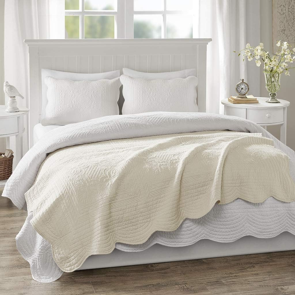 Madison Park Tuscany Oversized Quilted Throw with Scalloped Edges, 60 by 72", Ivory image number 1