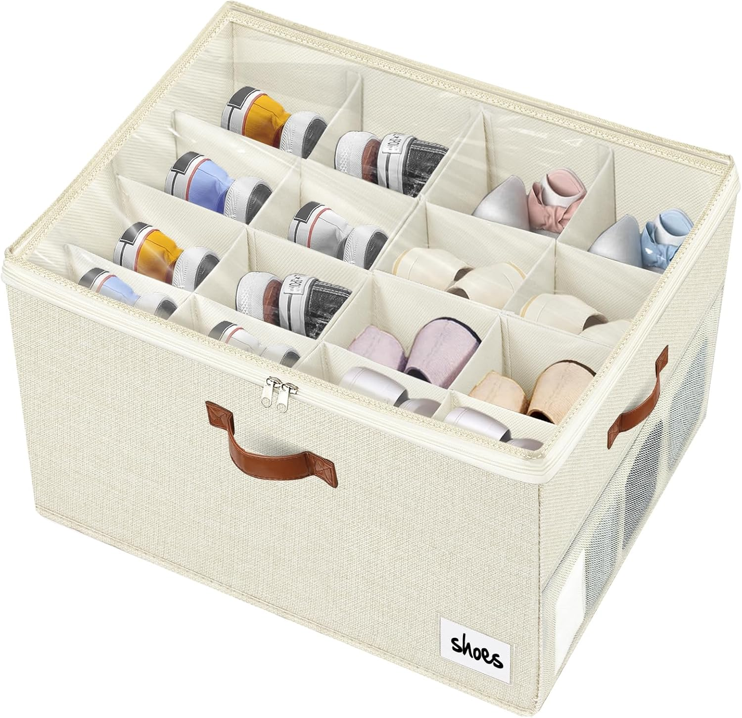 VERONLY Shoe Organiser for Closet Fits 16 Pairs, Adjustable Dividers Shoe Storage Bins Boxes, Foldable Shoe Holder Cube Containers with Clear Cover for Large Shoes, High Heels, Sneaker, Boots (Beige) image number 4