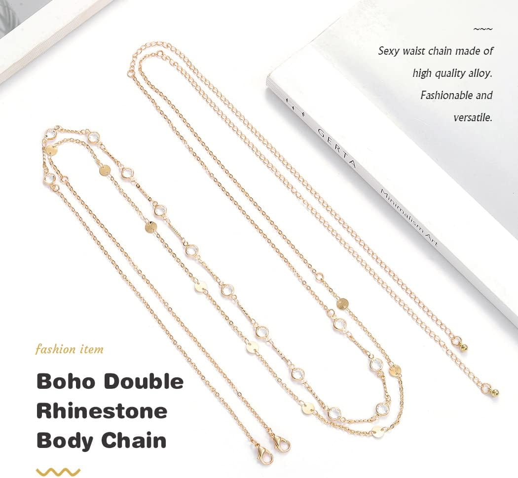 Boho Layered Rhinestone Belly Chain Gold Beads Belly Waist Chains Sequins Belt Body Chain Jewelry for Women and Girls