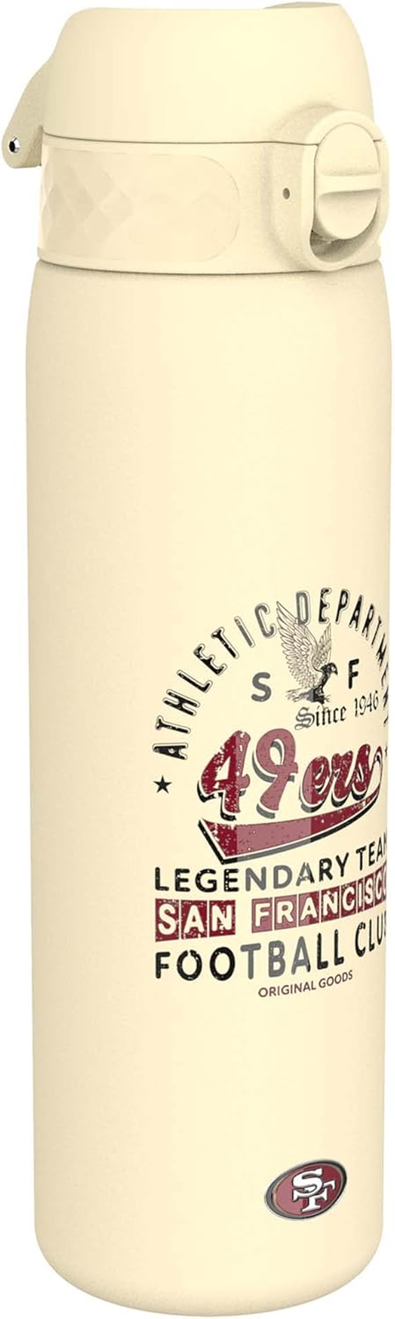 Ion8 NFL 49Ers Lightweight Steel Water Bottle, 600 Ml/20 Oz, Non-Insulated, Leak Proof, Easy to Open, Secure Lock, Dishwasher Safe, Flip Cover, Fits Cup Holders, Metal Water Bottle