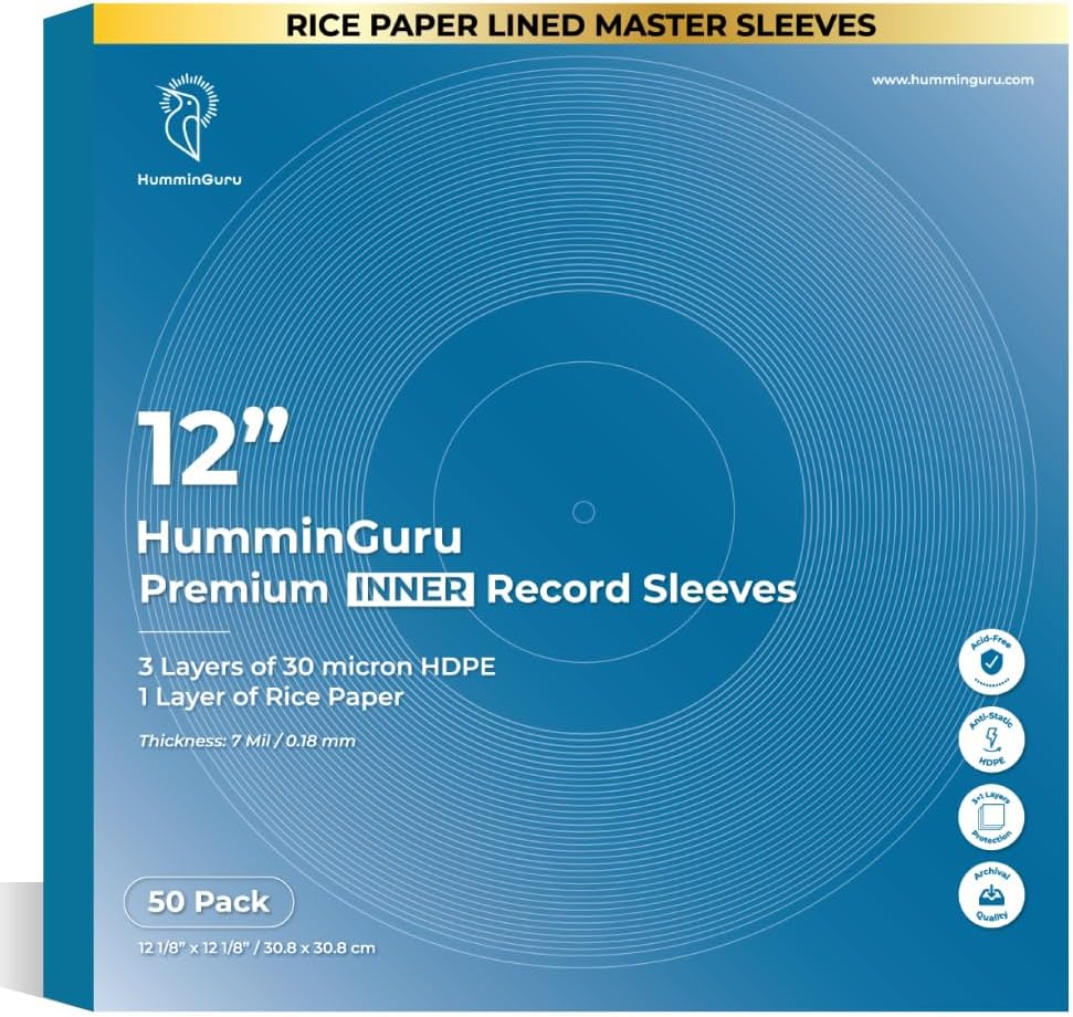 Humminguru 3-Ply Premium Inner Record Sleeves 12 Inch. Rice Paper Lined Master Sleeves. Anti-Static Vinyl Record Sleeves, Acid-Free Thick HDPE 3+1 Layer in 7 Mil, 50 Pack (12&rdquo; Master Inner Sleeves)