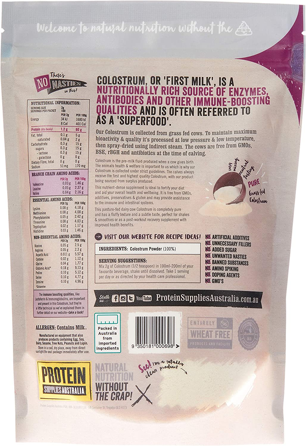 Protein Supplies Australia Pure Grass Fed Colostrum Powder 200 G, Pure, 200 G image number 2