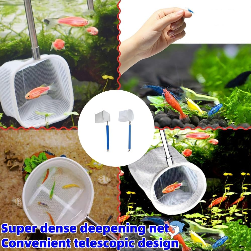 Leitungg 2Pcs Small Telescopic Shrimp Net for Aquarium & Fish Tank, Mini Telescopic Fish Net for Small Fish, Shrimp, Insect - Square & round Net Set, Easy to Use & Store