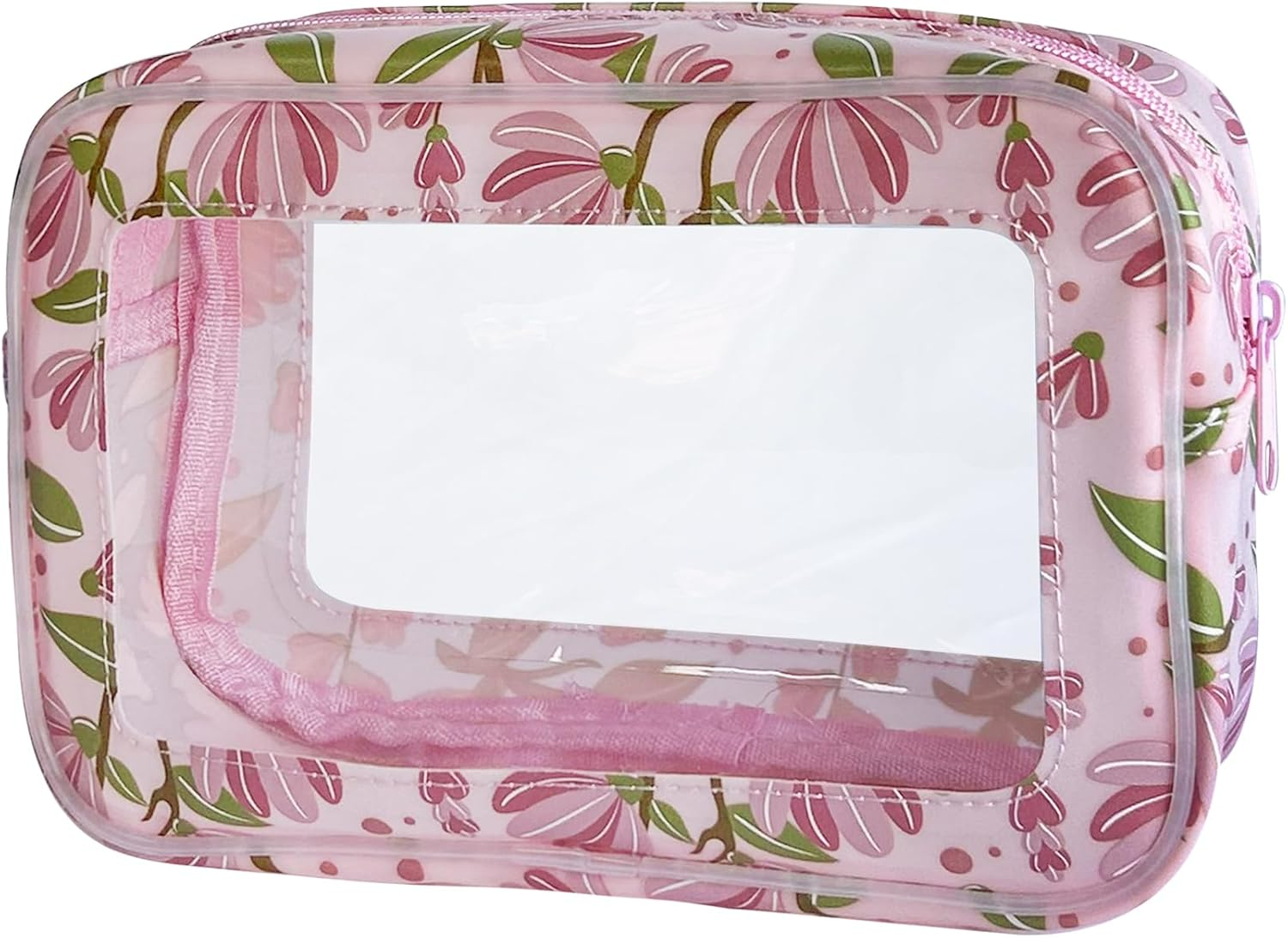 Transparent Waterproof Cosmetic Bag Made of PVC with Floral Pattern, 21 X 13.5 X 7 Cm, Travel Organiser for Day Care, Men and Women, Pink + Flowers, Modern image number 2