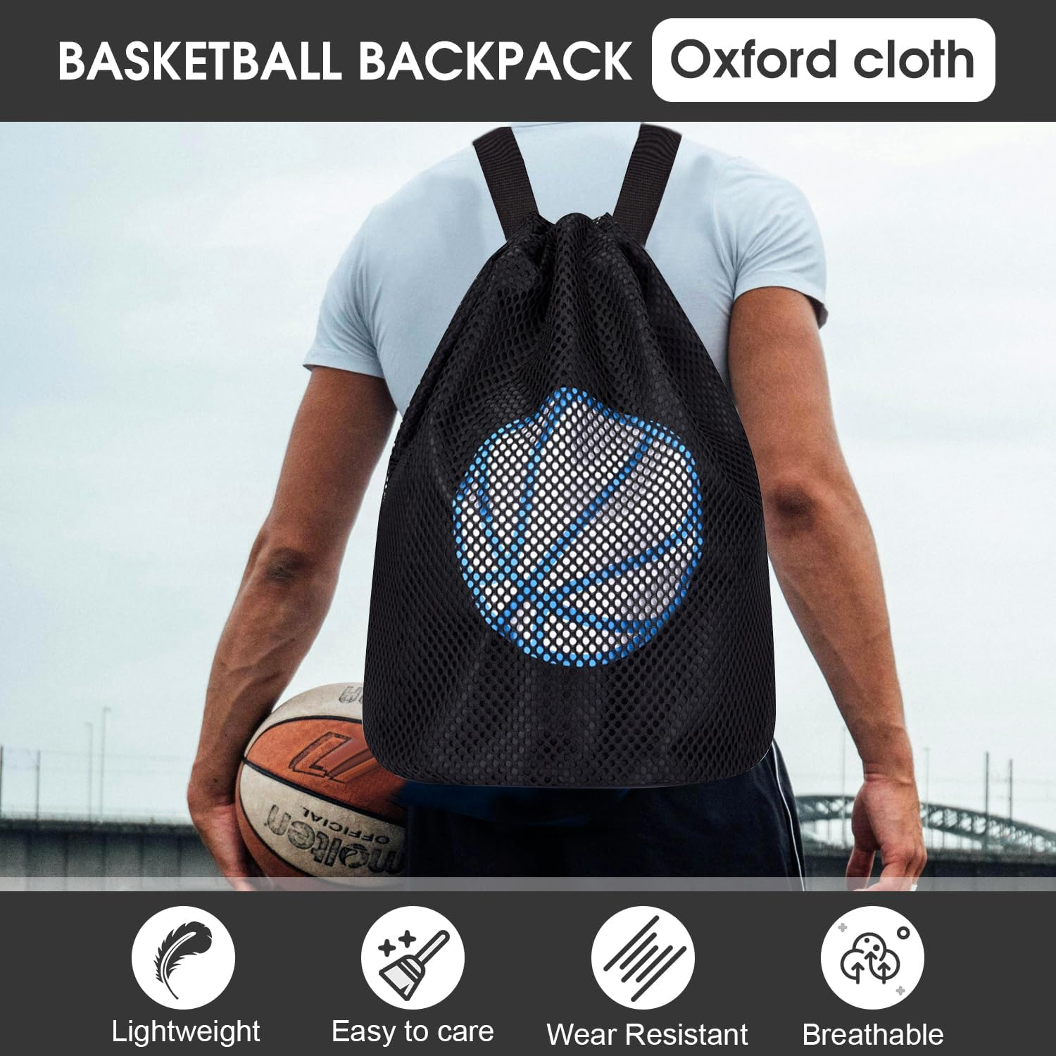 Sonicefit Drawstring Backpack Basketball Bag, Foldable Sports Sackpack Gym Bag for Boys Girls, Lightweight Gym Sack String Bag Cinch Beach Swim Bag for Travel Soccer Football Rugby Swim