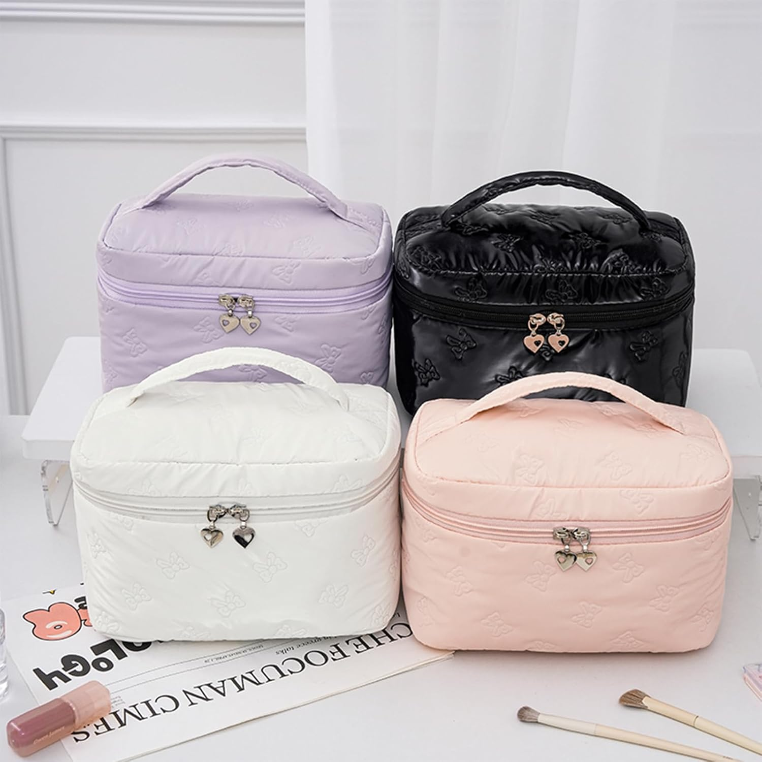 Makeup Bag，3 PCS Cosmetic Bags Set，Large Capacity Quilted Makeup Bag for Women with Bow Butterfly Pattern，Cute Cotton Makeup Bag Set，Waterproof Travel Toiletry Organizer Bag (Black) - Purple image number 2