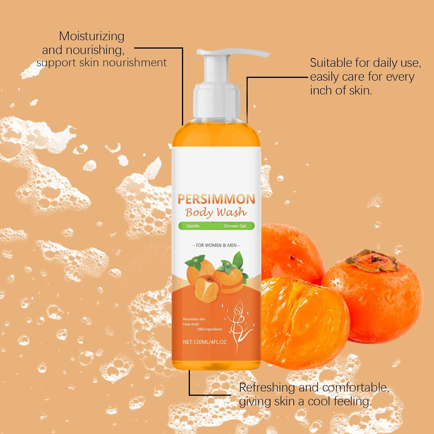 Persimmon Body Wash for Old People Smell, Persimmon Body Wash, Bodys Odor Removal, Cleansing Bodys Deodorizing with Persimmons Extracts, Fresh Scent & Deeply Cleansing, for Old People Smell (4Pcs) - 4Pcs image number 6