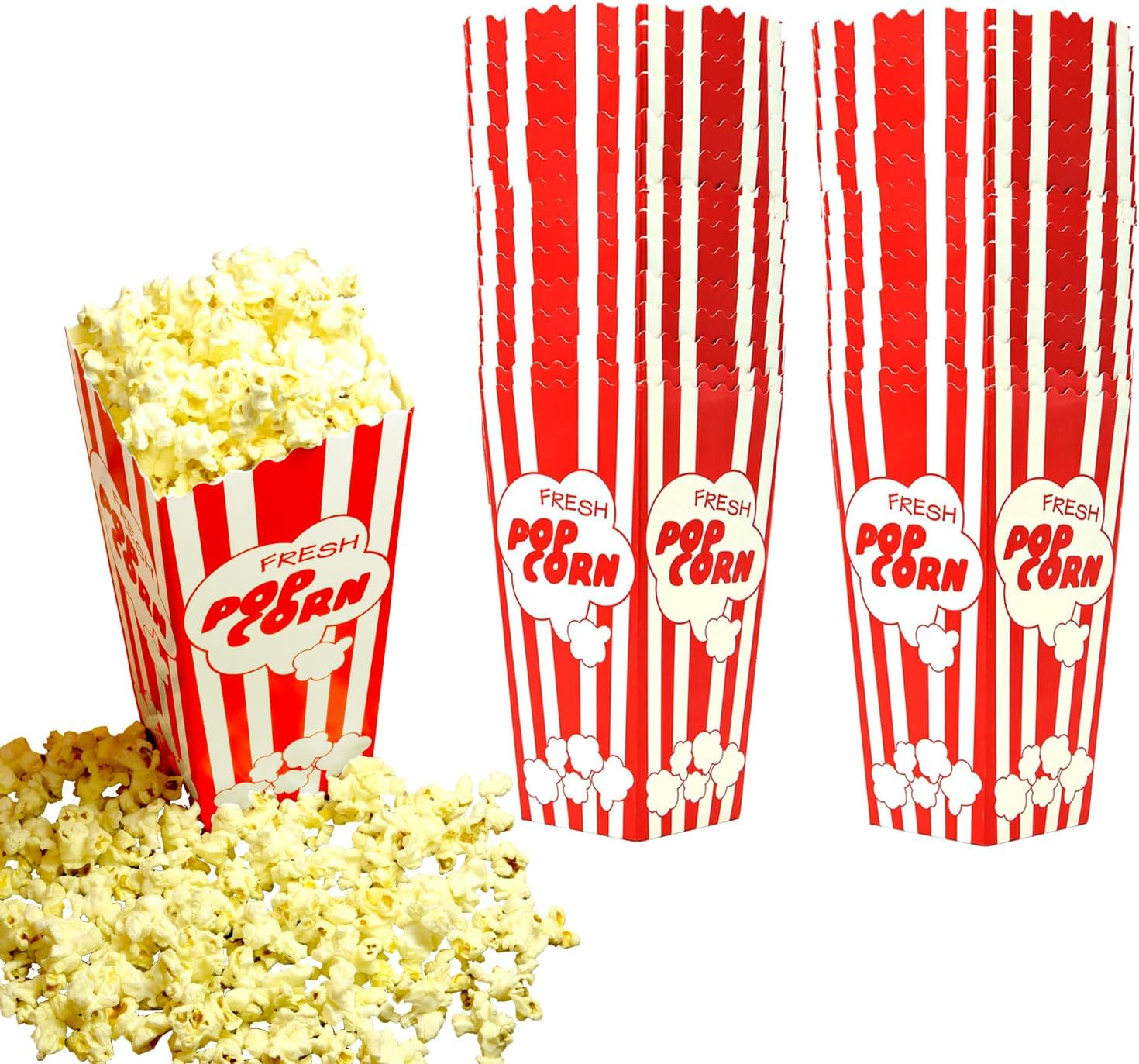 30 Movie Night Popcorn Paper Boxes Buckets 7.75 Inches Tall Large & Holds 46 Oz Old Fashion Vintage Retro Party Design Red & White Colored Nostalgic Carnival Stripes Bags & Tubs [Various Qty Avail] image number 5