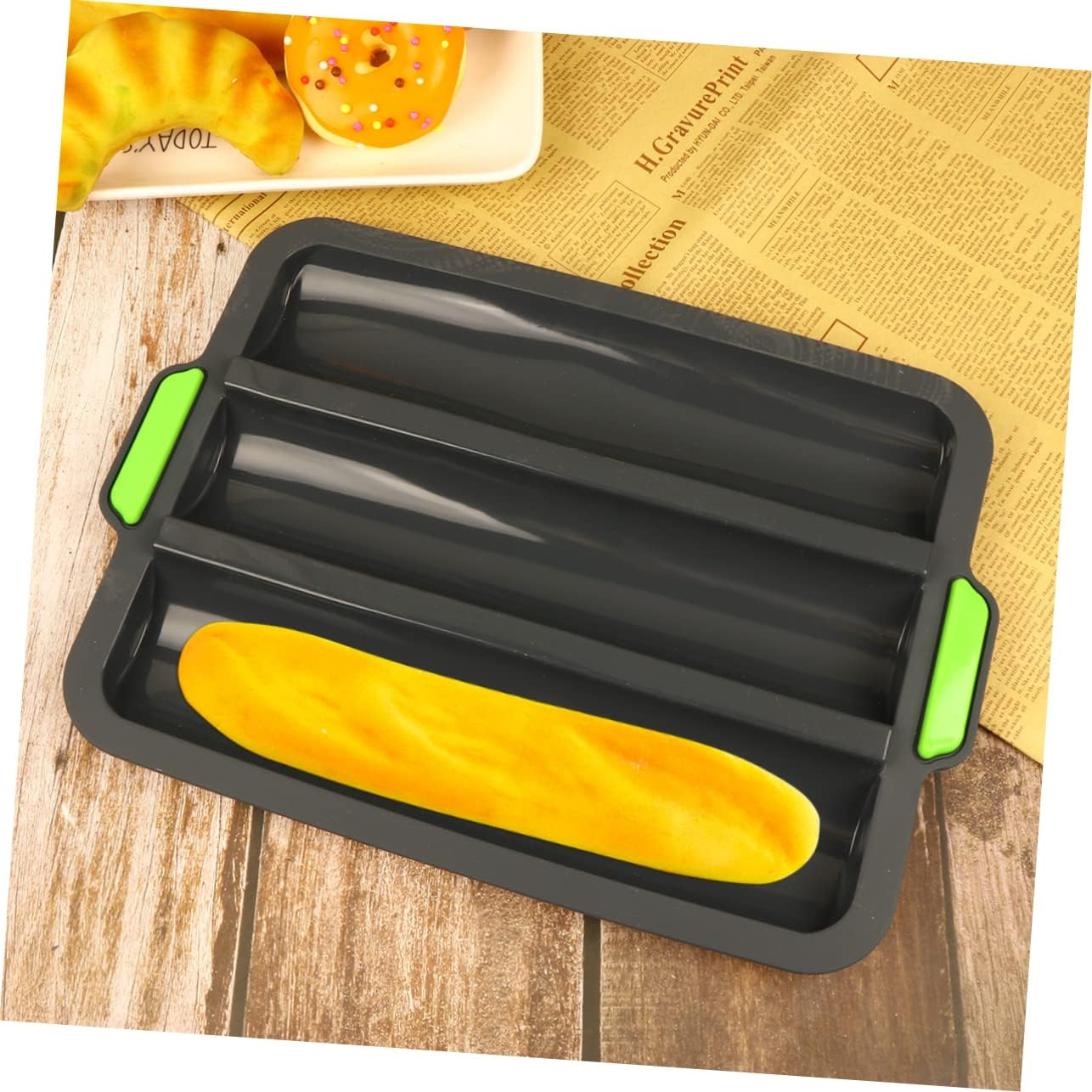 DOITOOL Silicone Loaf Pan Baking Mould Baking Tray for Home Kitchen 3 Slots Bread Baking Pan No-Stick Wave Stick Bread Stick Accessory - Green image number 2