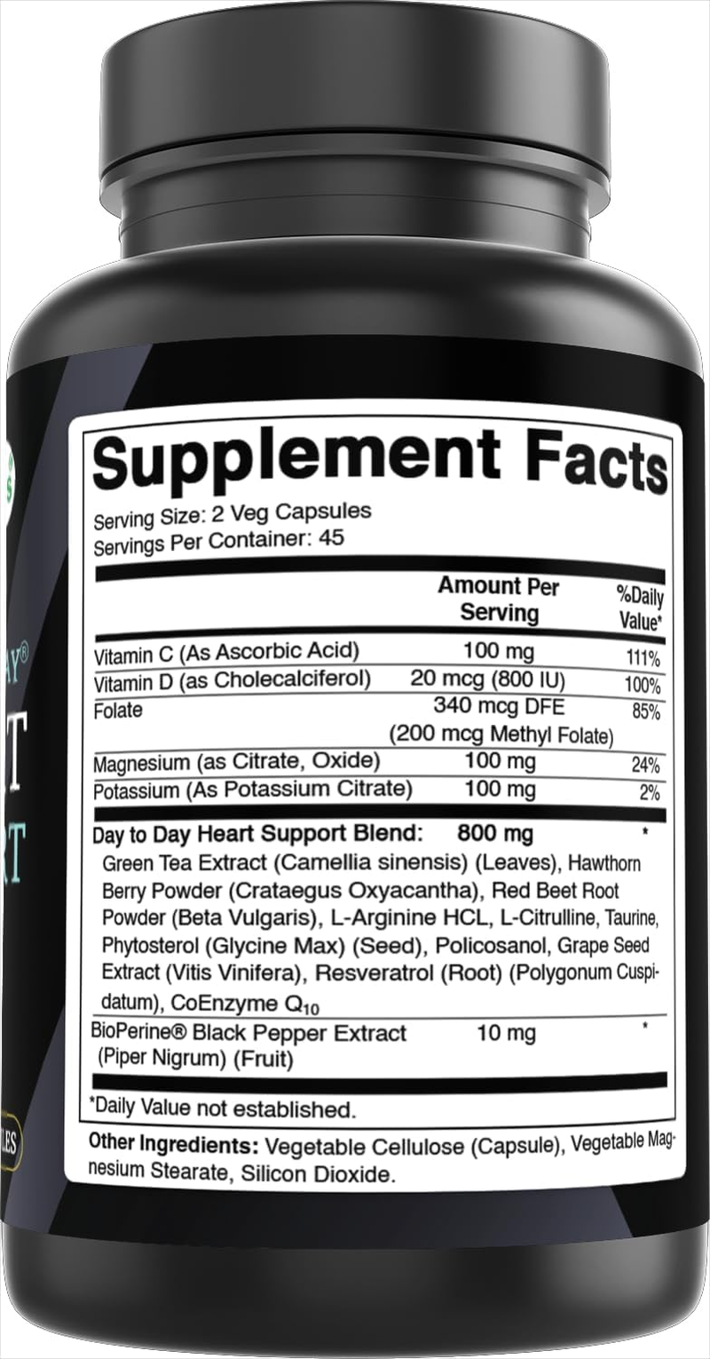 Best Naturals Day-To-Day Heart Health Support with Folate, Green Tea, Hawthorn, Beet Root, L-Arginine, L-Citrulline, Phytosterol, Resveratrol, Coq10 90 Veg Capsules image number 4