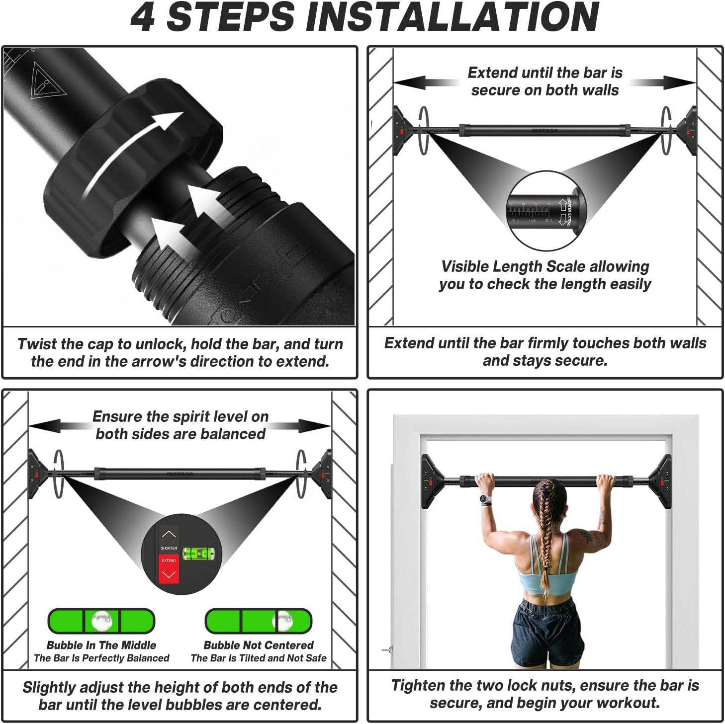 METEOR Doorway Pull up Bar, Fitting Width 75-94Cm, 200Kg Capacity, Drill-Free, Adjustable Length, Chin up Bar, Push up Bar, Abdominal Training Door Bar image number 5