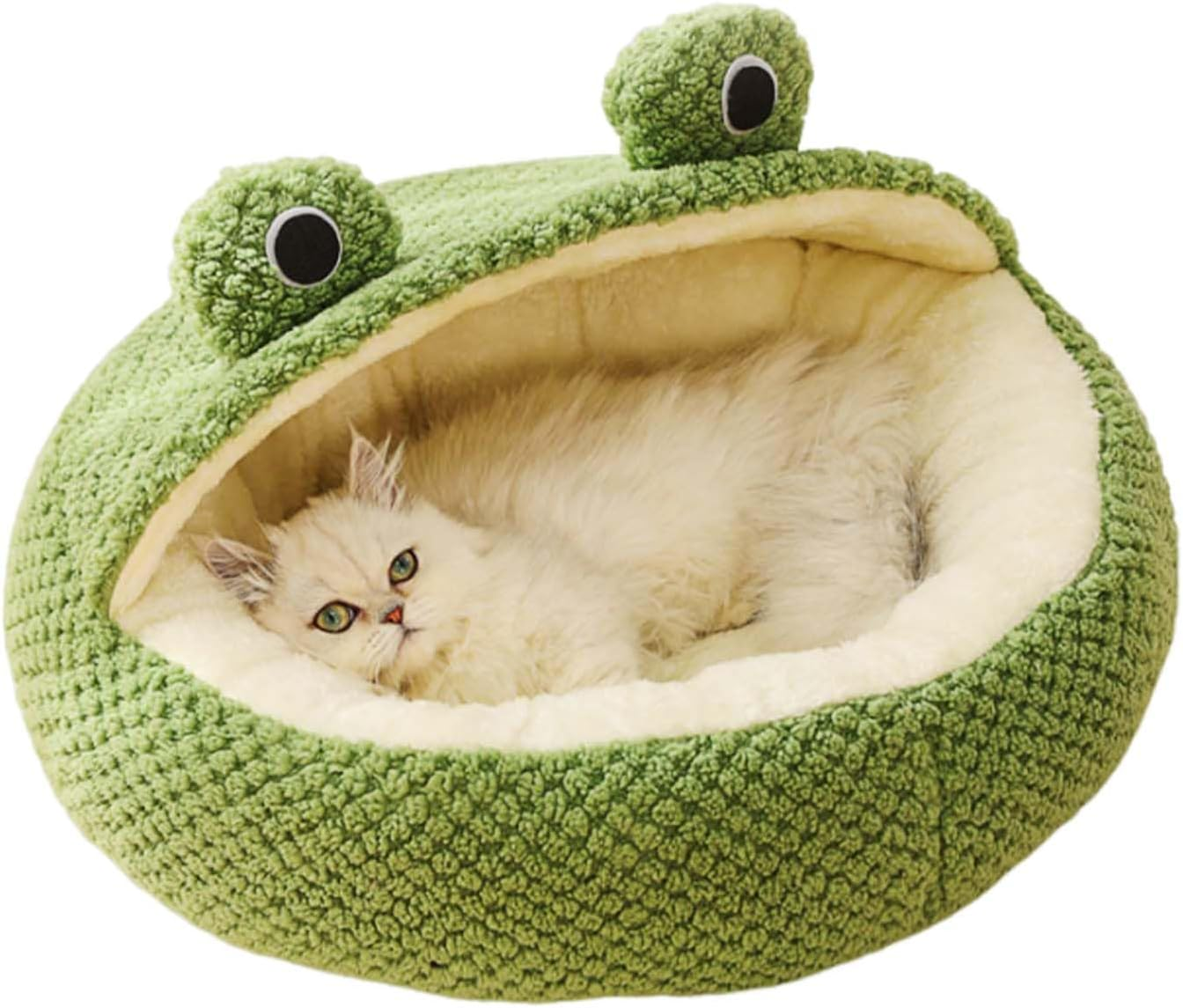 Cute Frog Cat Bed with Cover Cozy Plush Fluffy Warm Cave Style Pet Bed for Indoor Cats and Small Dogs Anti-Nxiety Washable Waterproof Bottom,40Cm image number 1