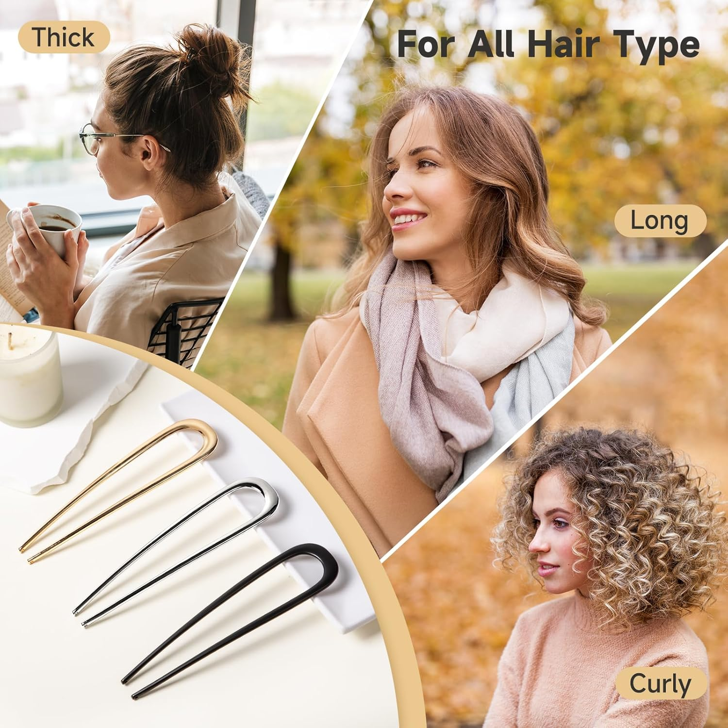 3 PCS French Hair Pins for Women - French Twist and Buns, Elegant Gold Hair Accessories - Gold / Silver / Black image number 5